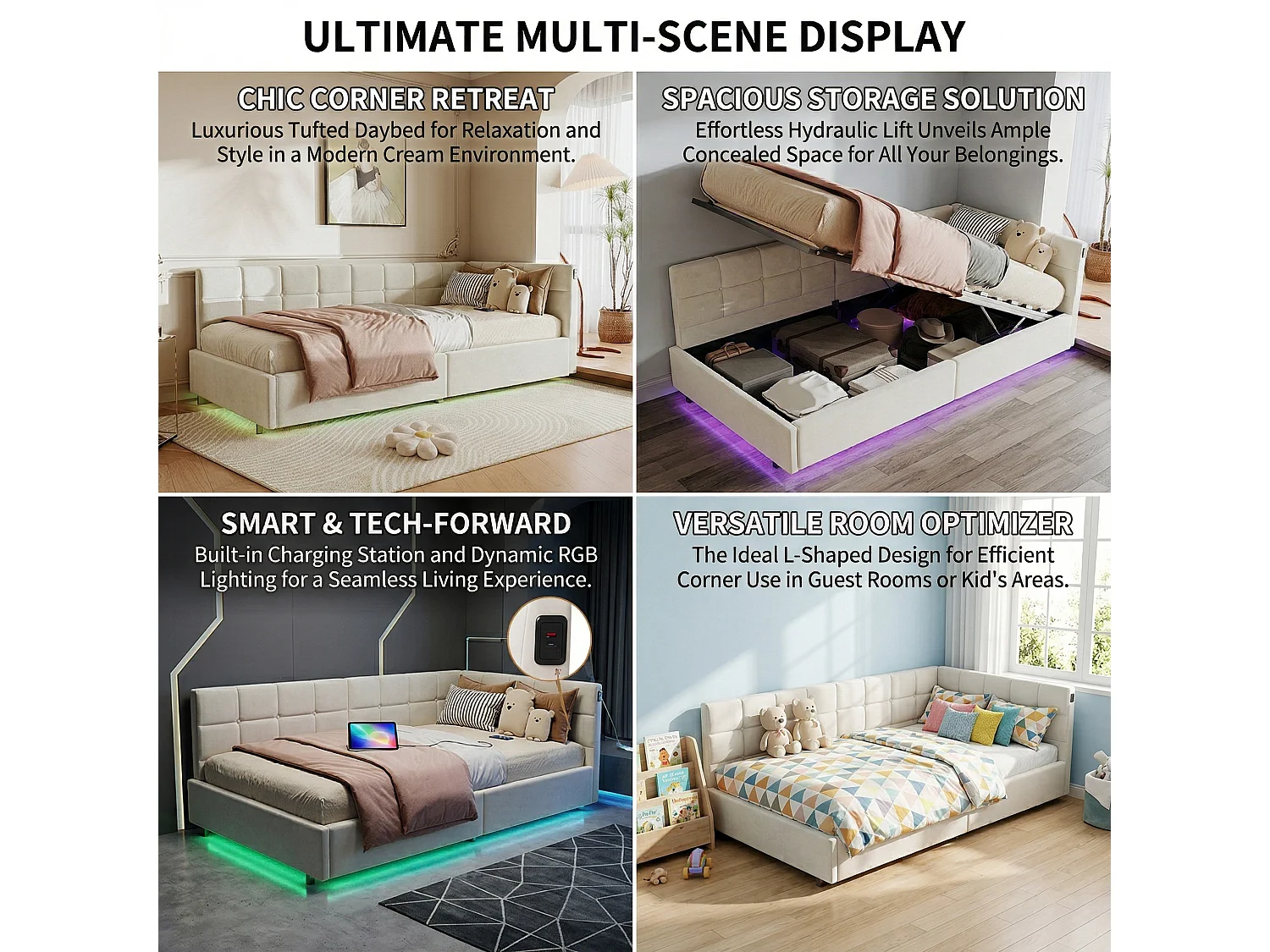 DreamMespace Canapé Lit Méridienne 90x200 cm - Lit Hydraulique avec LED RGB & Chargement USB, Velours Crème