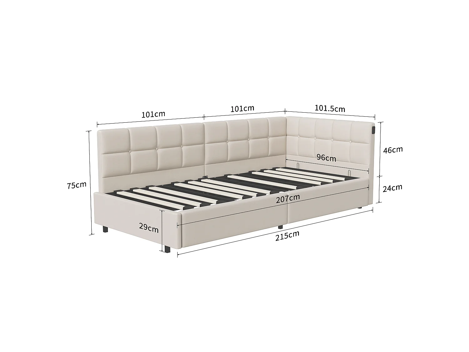 DreamMespace Canapé Lit Méridienne 90x200 cm - Lit Hydraulique avec LED RGB & Chargement USB, Velours Crème