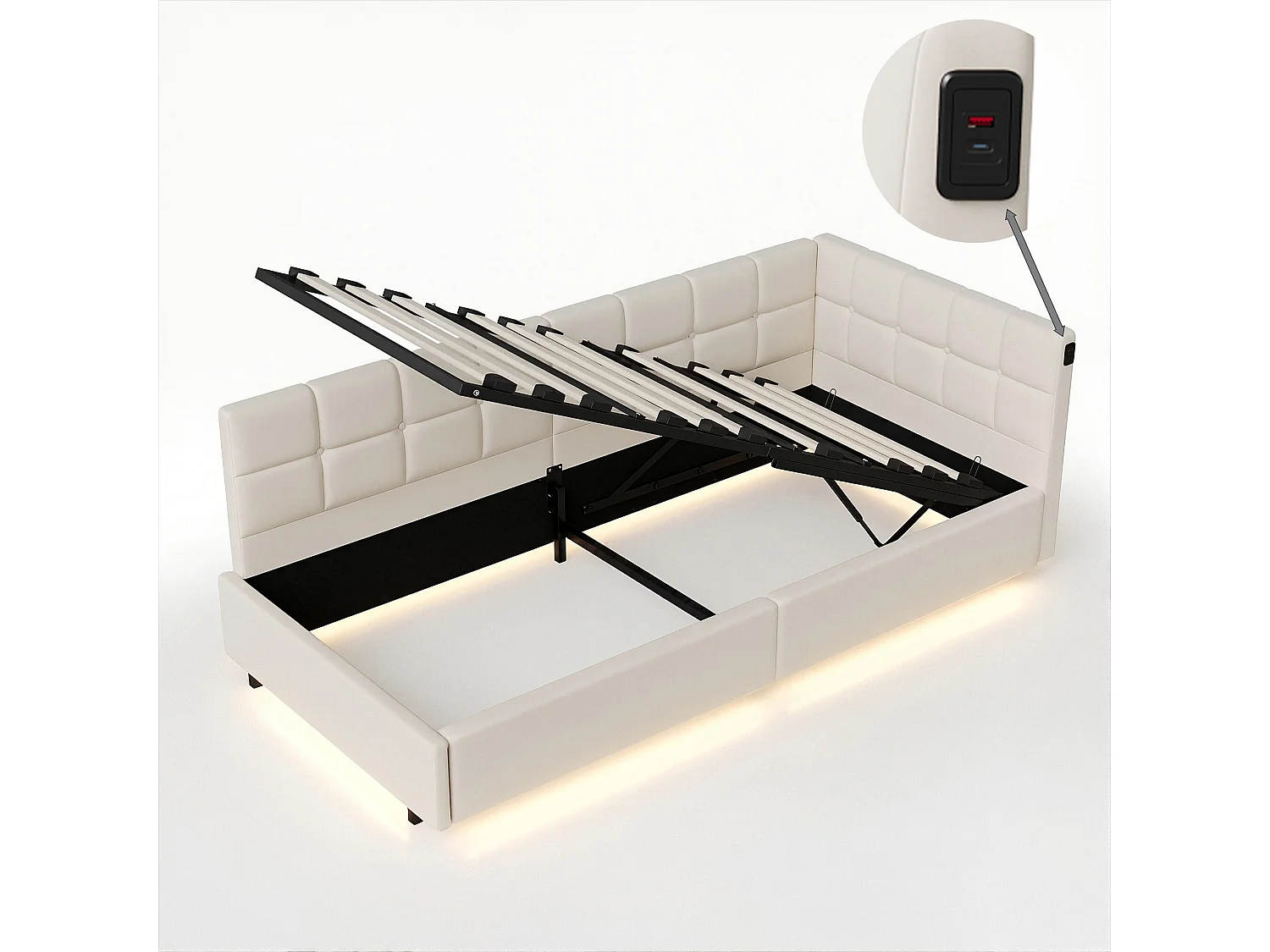 DreamMespace Canapé Lit Méridienne 90x200 cm - Lit Hydraulique avec LED RGB & Chargement USB, Velours Crème