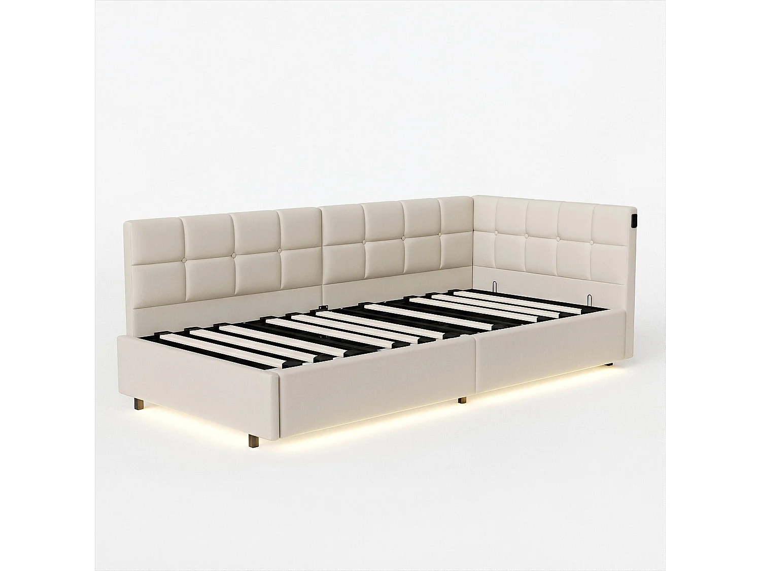 DreamMespace Canapé Lit Méridienne 90x200 cm - Lit Hydraulique avec LED RGB & Chargement USB, Velours Crème