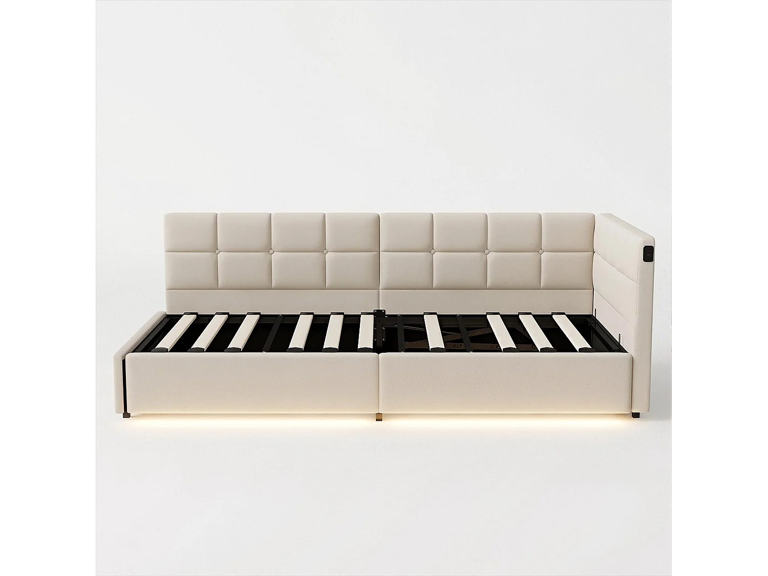 DreamMespace Canapé Lit Méridienne 90x200 cm - Lit Hydraulique avec LED RGB & Chargement USB, Velours Crème