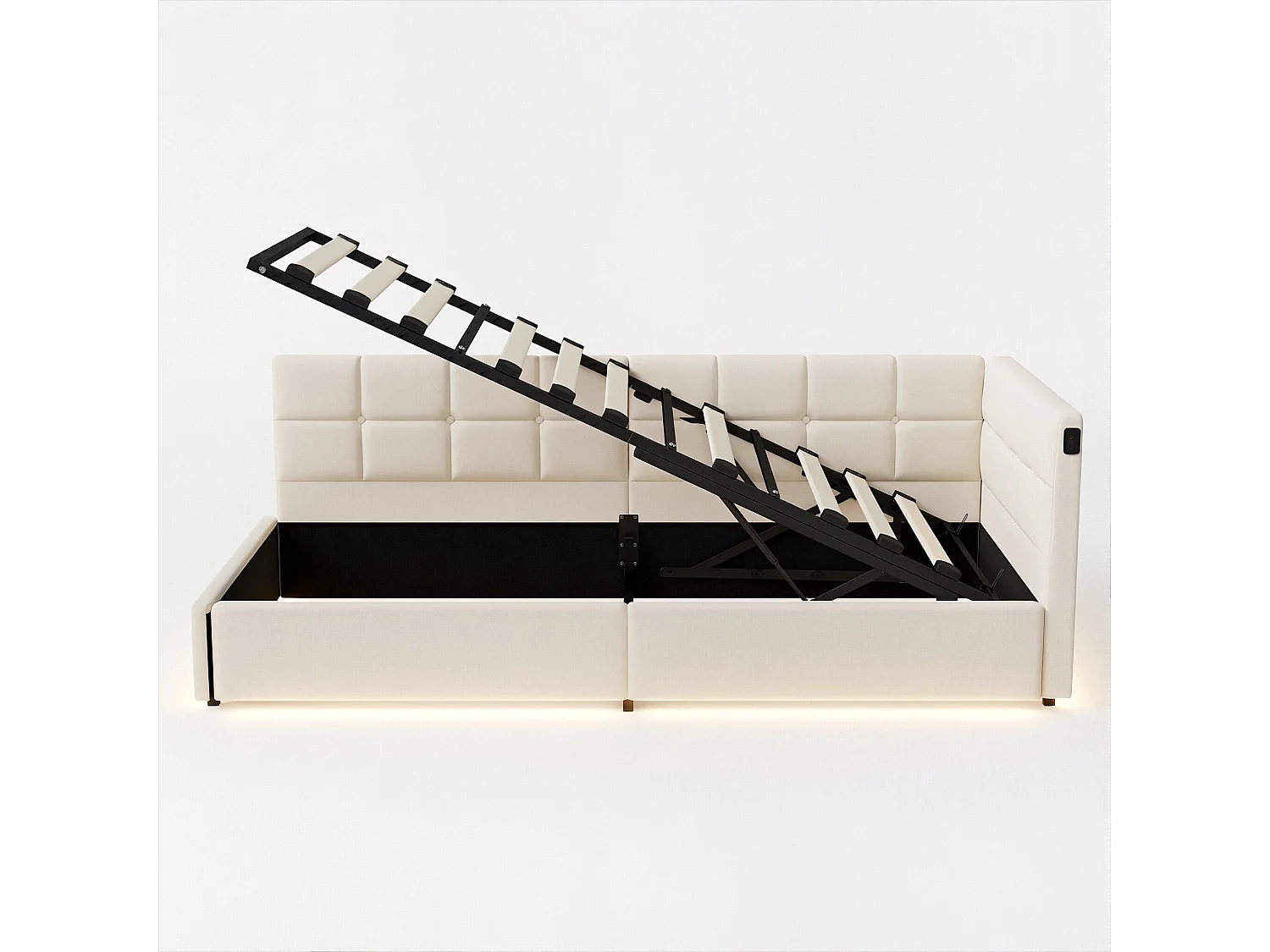 DreamMespace Canapé Lit Méridienne 90x200 cm - Lit Hydraulique avec LED RGB & Chargement USB, Velours Crème