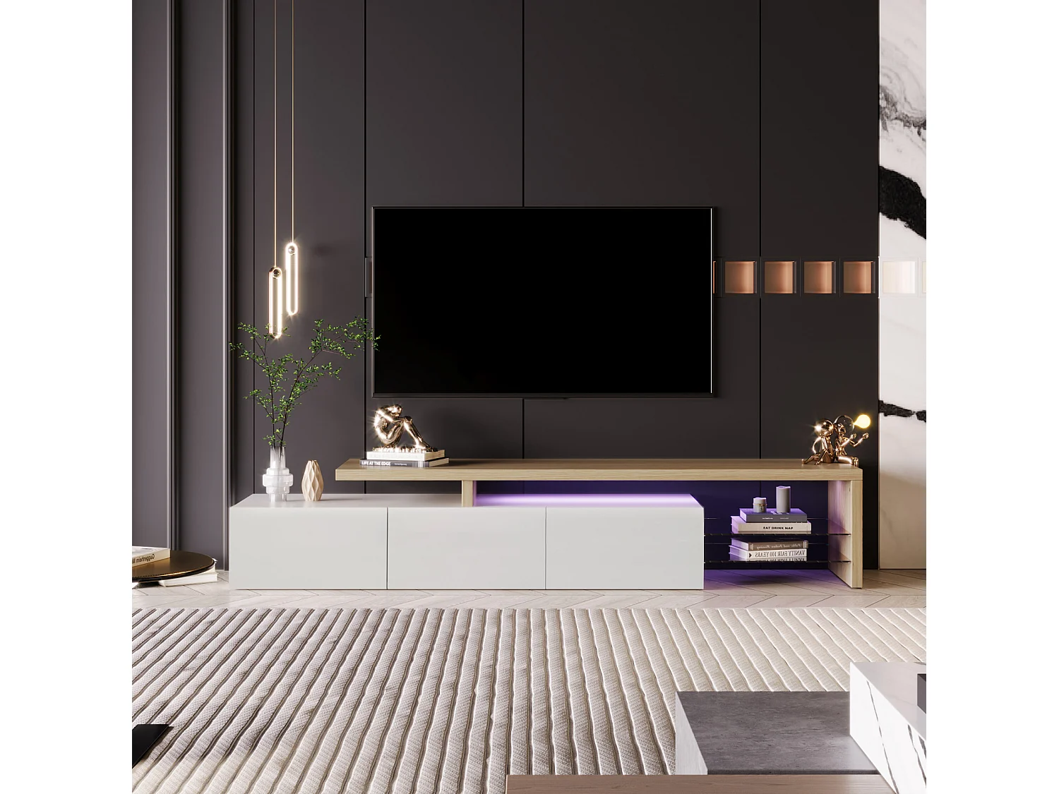 Meuble Tv Moderne Suspendu Avec 3 Portes, Niche Vitrée, Bandeau Leds 7 Couleurs Télécommandé, Longueur 200cm, Blanc, Mdf Et Verre