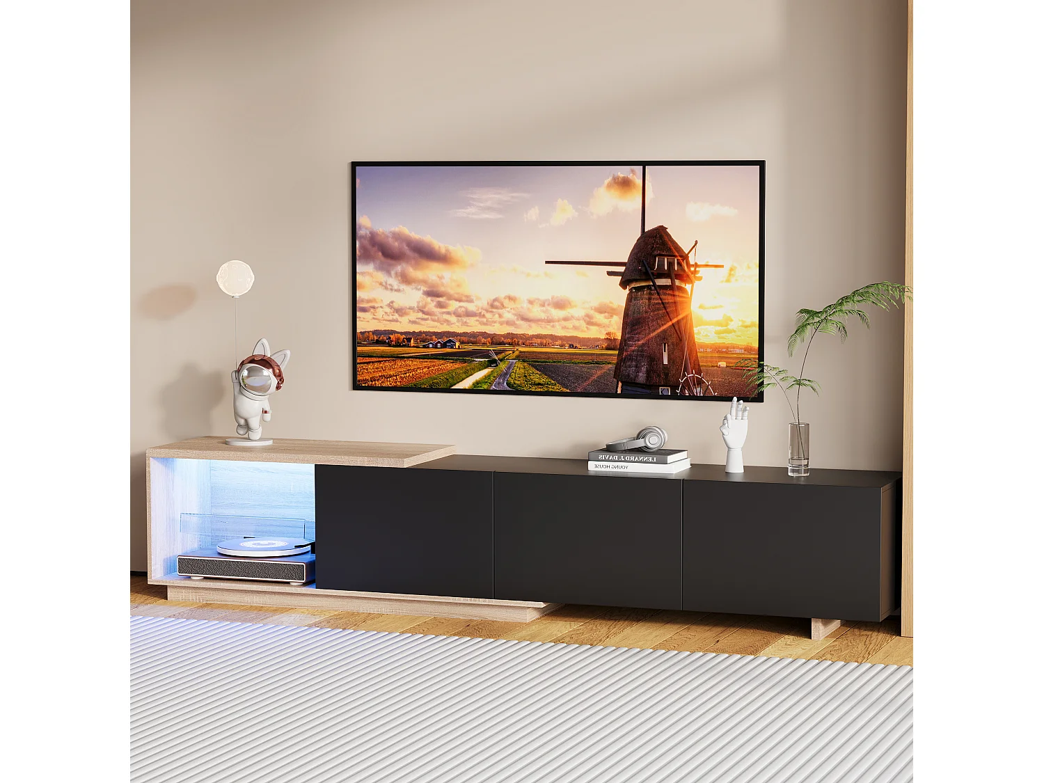 Meuble Tv Extensible Moderne À 3 Tiroirs Poussoirs, Bandeau Leds Détecteur 3 Couleurs Avec Télécommande, Longueur 163-240cm, Noir Et Effet Naturel, Mdf Et Métal