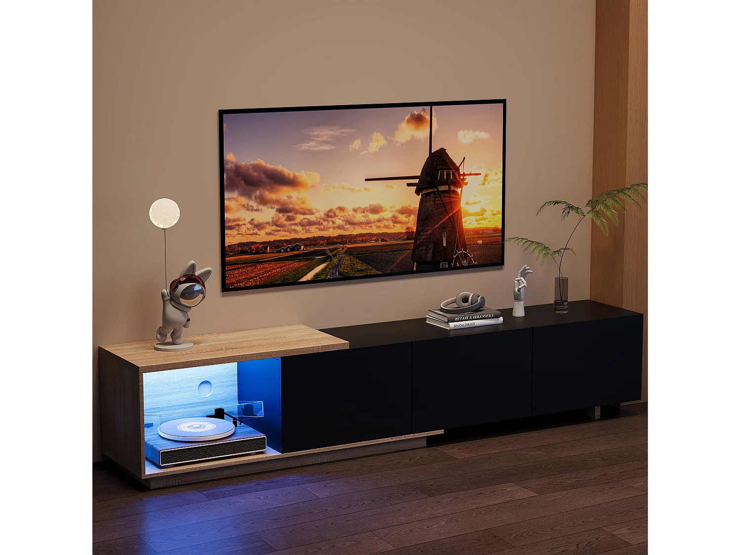 Meuble Tv Extensible Moderne À 3 Tiroirs Poussoirs, Bandeau Leds Détecteur 3 Couleurs Avec Télécommande, Longueur 163-240cm, Noir Et Effet Naturel, Mdf Et Métal