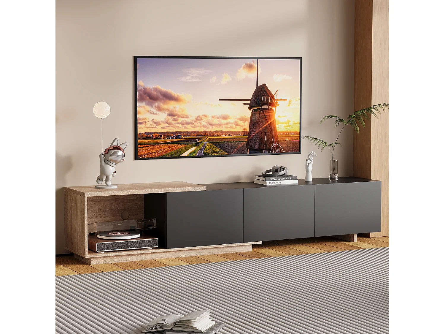 Meuble Tv Extensible Moderne À 3 Tiroirs Poussoirs, Bandeau Leds Détecteur 3 Couleurs Avec Télécommande, Longueur 163-240cm, Noir Et Effet Naturel, Mdf Et Métal