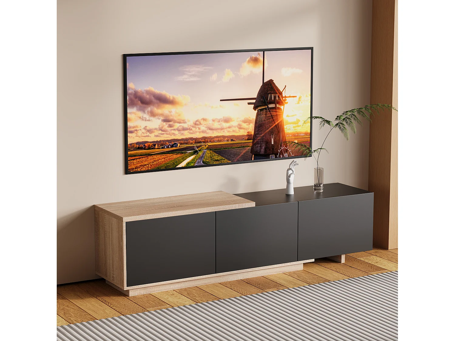 Meuble Tv Extensible Moderne À 3 Tiroirs Poussoirs, Bandeau Leds Détecteur 3 Couleurs Avec Télécommande, Longueur 163-240cm, Noir Et Effet Naturel, Mdf Et Métal