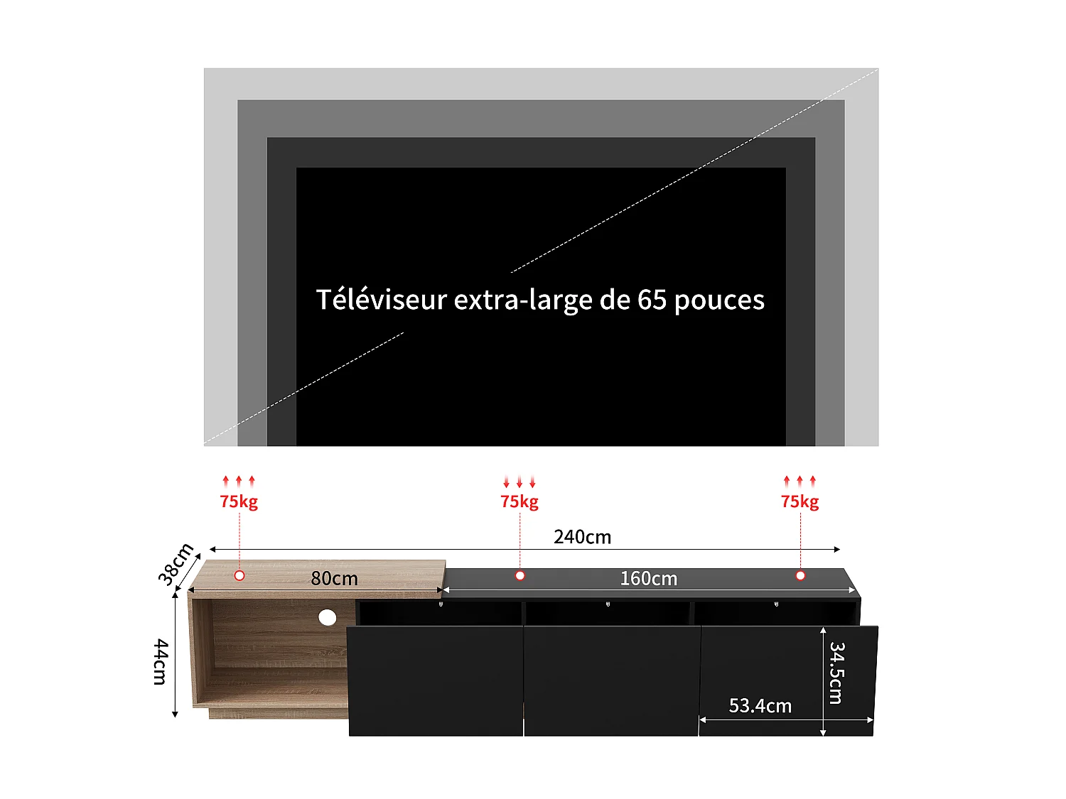 Meuble Tv Extensible Moderne À 3 Tiroirs Poussoirs, Bandeau Leds Détecteur 3 Couleurs Avec Télécommande, Longueur 163-240cm, Noir Et Effet Naturel, Mdf Et Métal