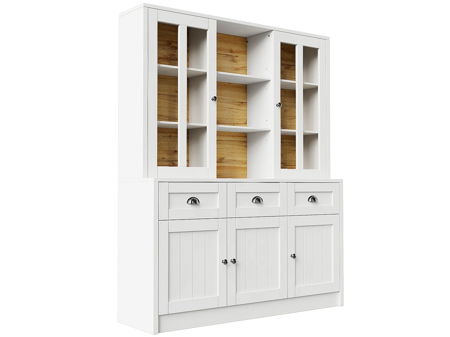 Vitrine haute blanche 140 cm, avec tiroirs, portes vitrées et rangements, buffet design scandinave