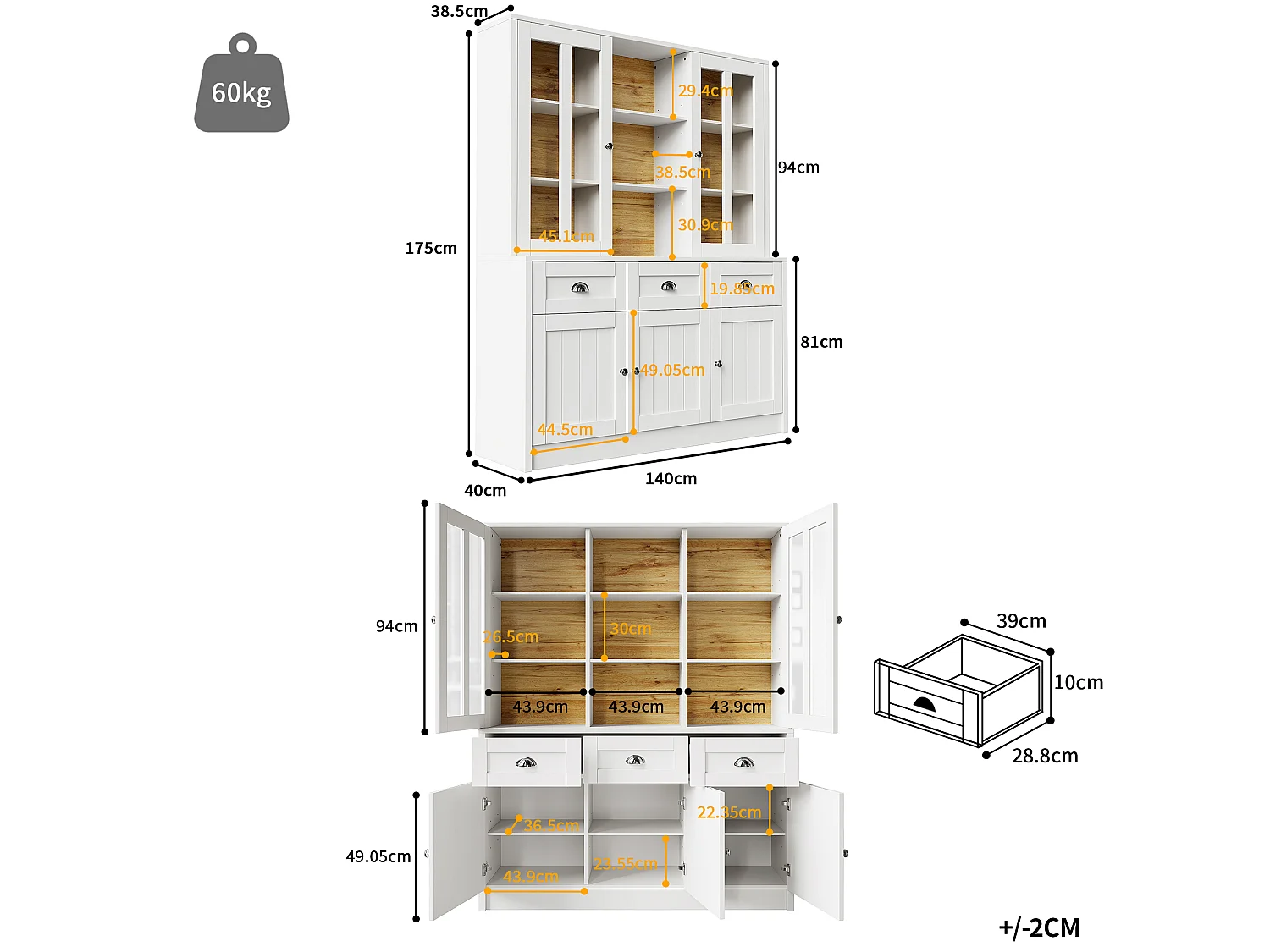 Vitrine haute blanche 140 cm, avec tiroirs, portes vitrées et rangements, buffet design scandinave