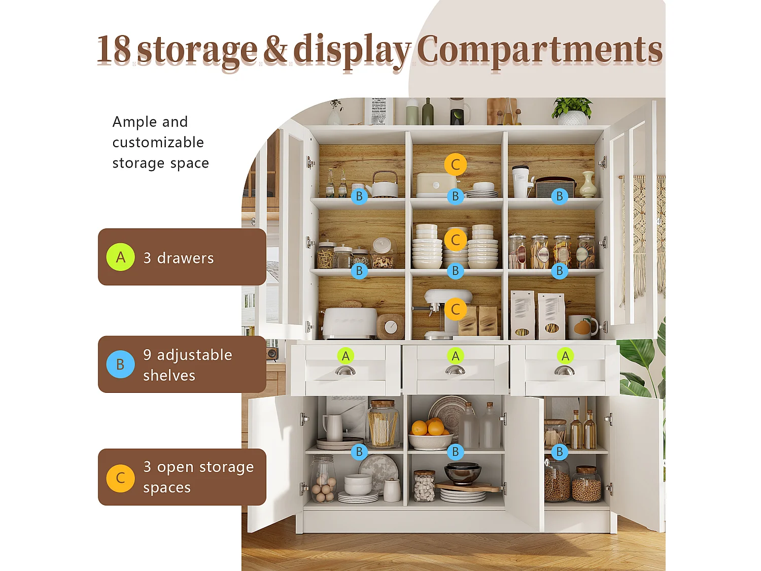 Vitrine haute blanche 140 cm, avec tiroirs, portes vitrées et rangements, buffet design scandinave