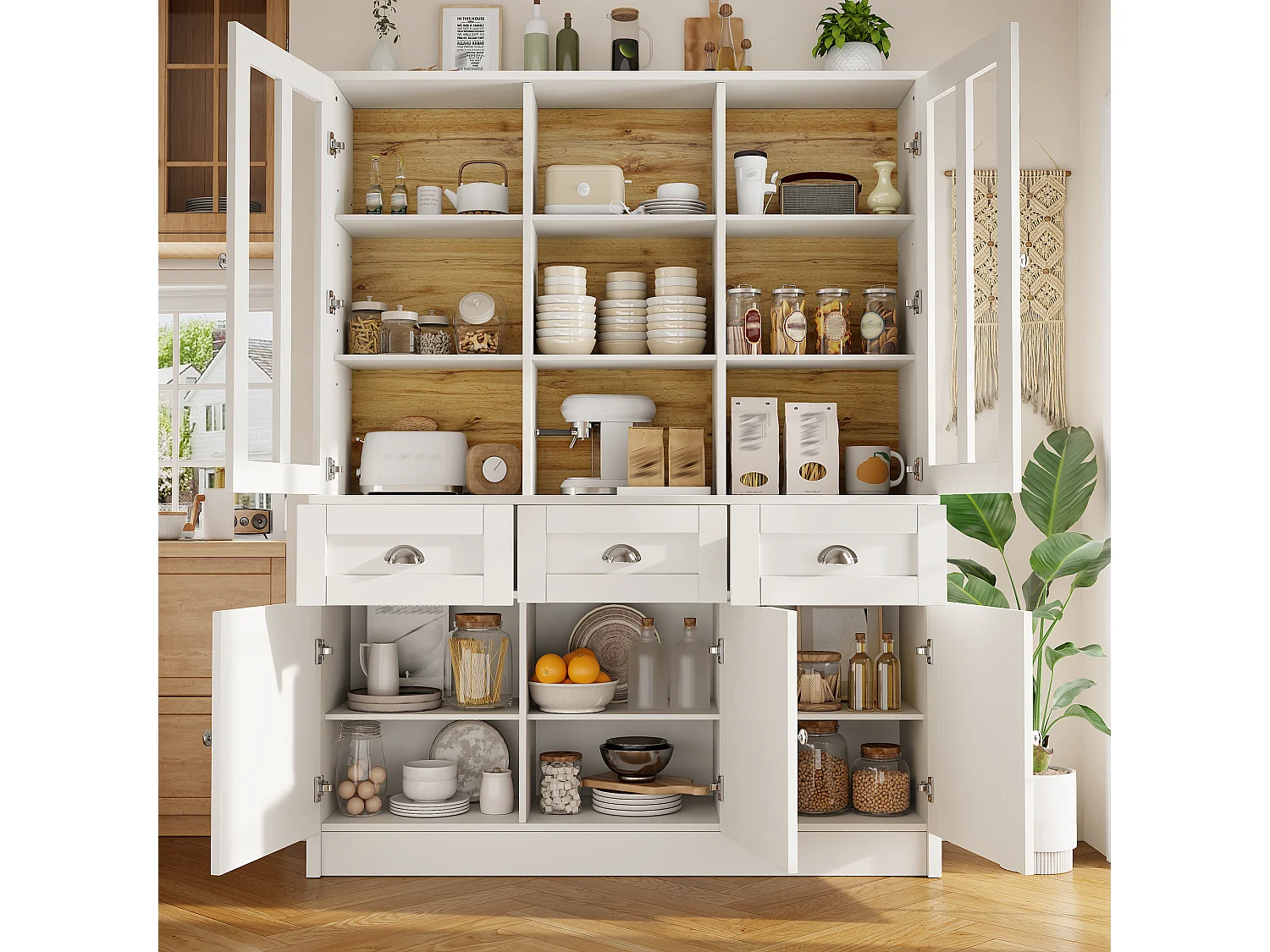 Vitrine haute blanche 140 cm, avec tiroirs, portes vitrées et rangements, buffet design scandinave