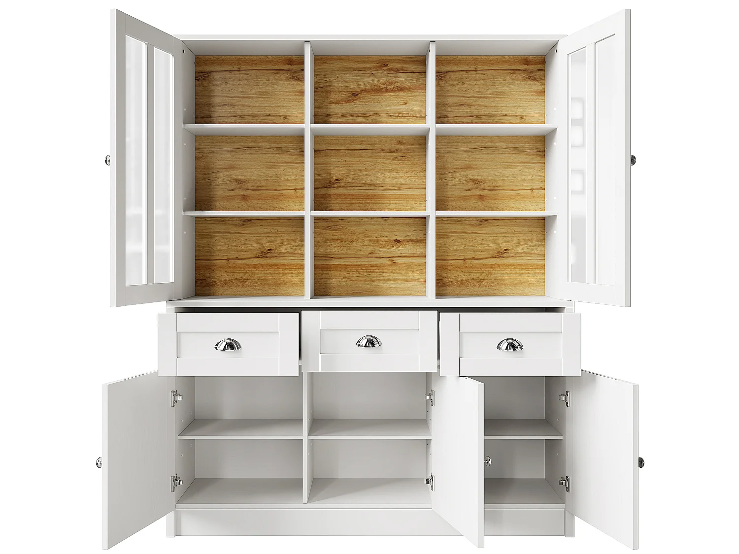Vitrine haute blanche 140 cm, avec tiroirs, portes vitrées et rangements, buffet design scandinave