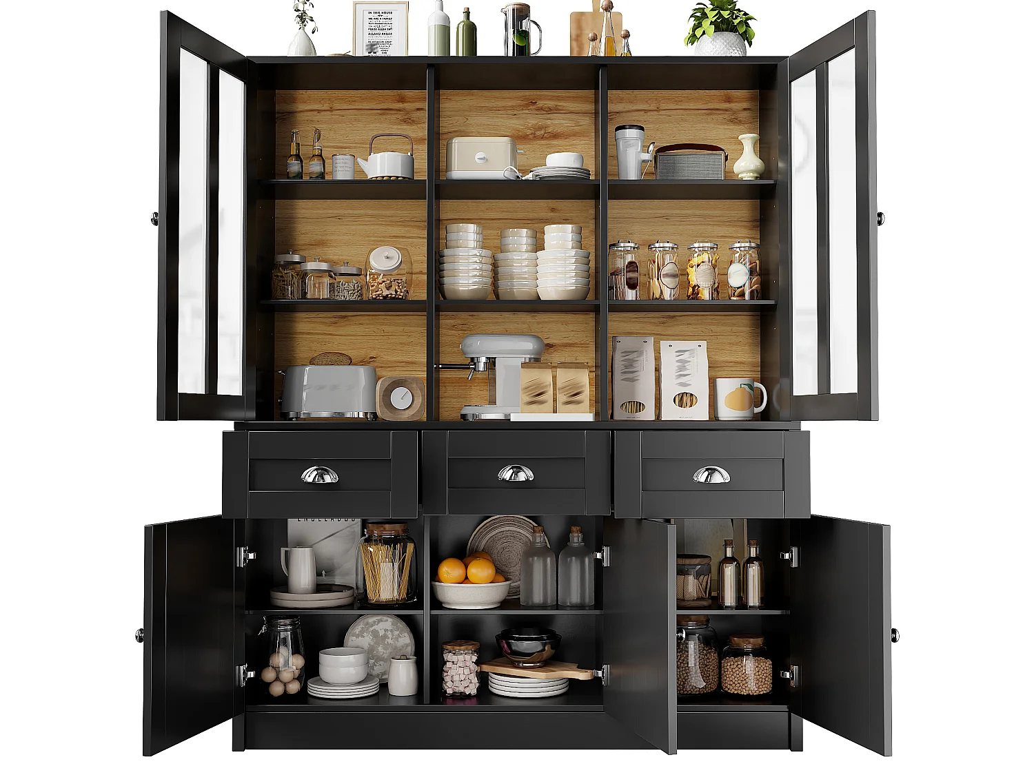Vitrine haute noire 140 cm, avec tiroirs, portes vitrées et rangements, buffet design scandinave