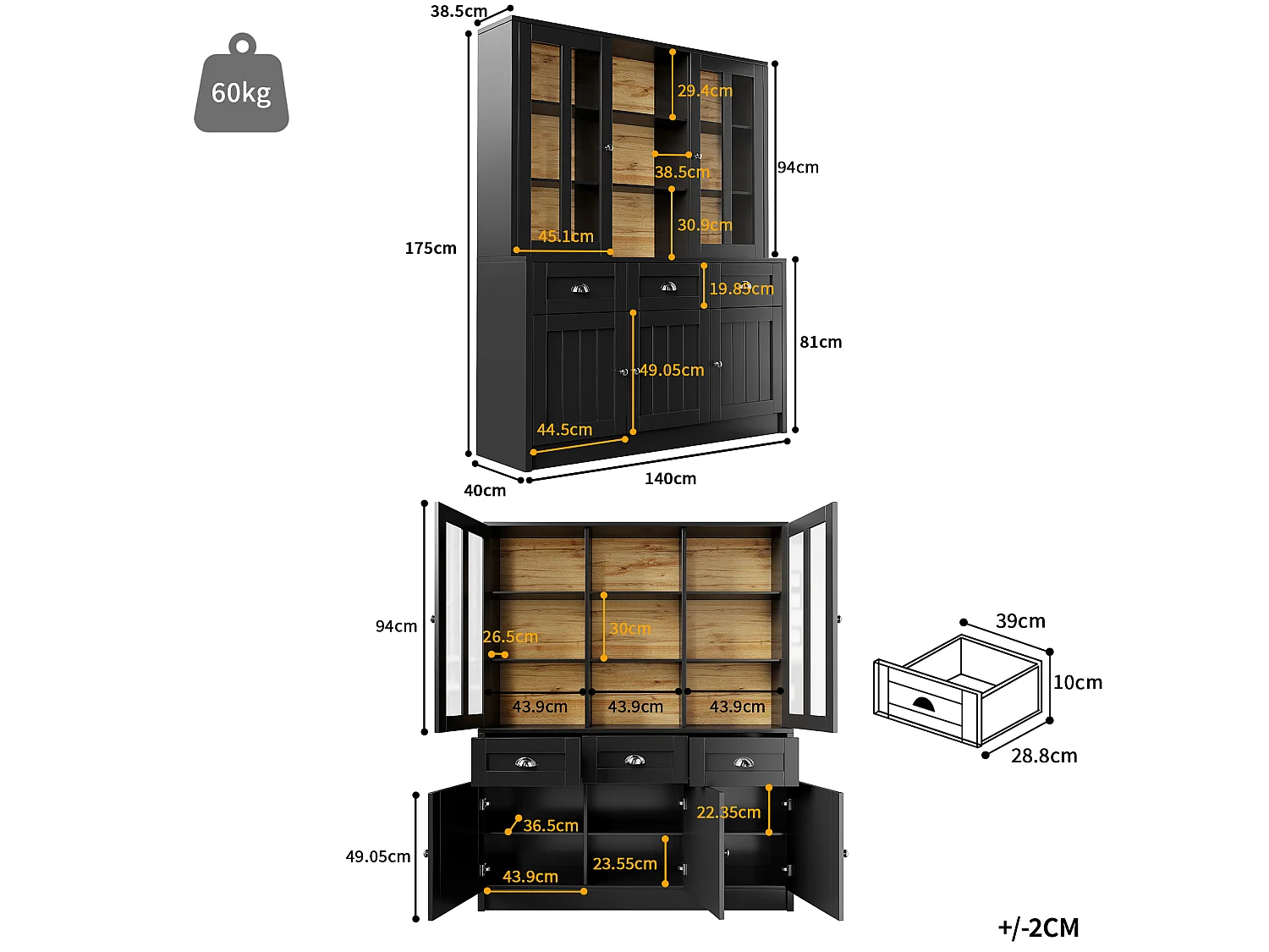 Vitrine haute noire 140 cm, avec tiroirs, portes vitrées et rangements, buffet design scandinave