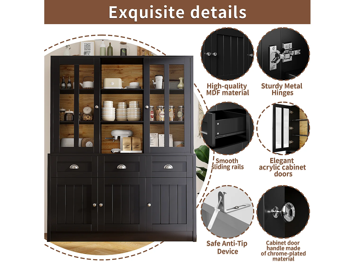 Vitrine haute noire 140 cm, avec tiroirs, portes vitrées et rangements, buffet design scandinave