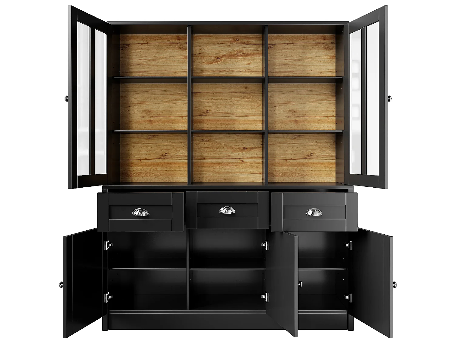 Vitrine haute noire 140 cm, avec tiroirs, portes vitrées et rangements, buffet design scandinave