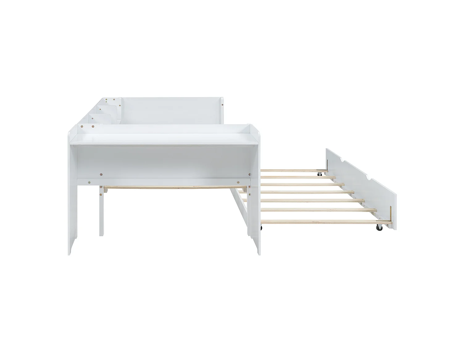 90 x 200 cm, lit simple, avec lit gigogne, avec bureau, trois étagères sur le côté du lit, blanc