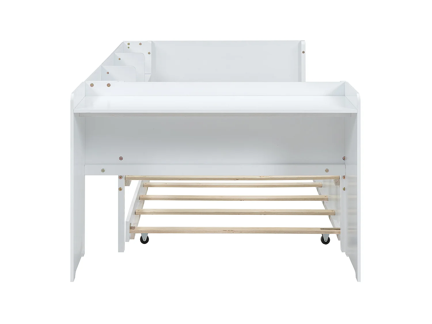90 x 200 cm, lit simple, avec lit gigogne, avec bureau, trois étagères sur le côté du lit, blanc