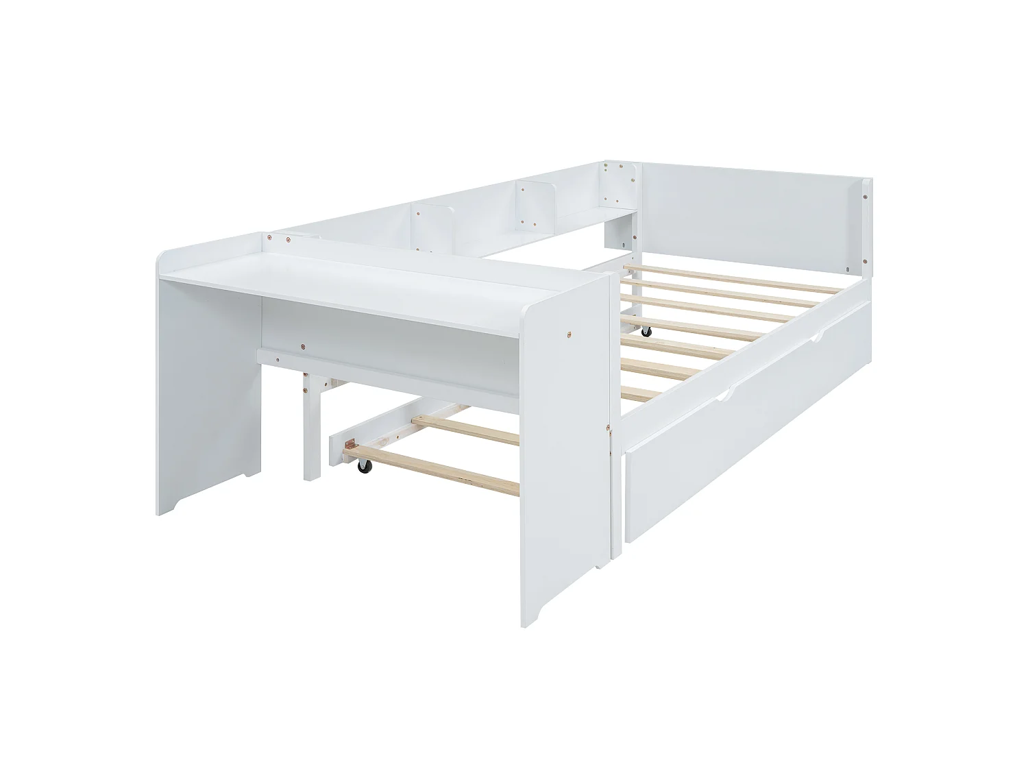 90 x 200 cm, lit simple, avec lit gigogne, avec bureau, trois étagères sur le côté du lit, blanc