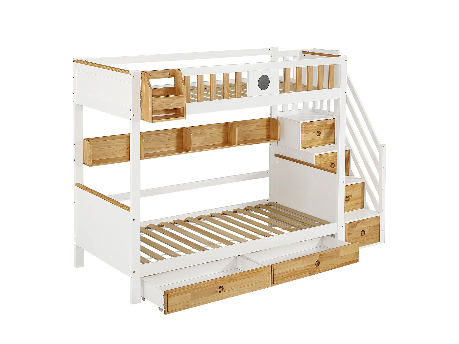 Lit superposé blanc et naturel, escalier avec rangement, 2 tiroirs, étagères, barrières, 90x200