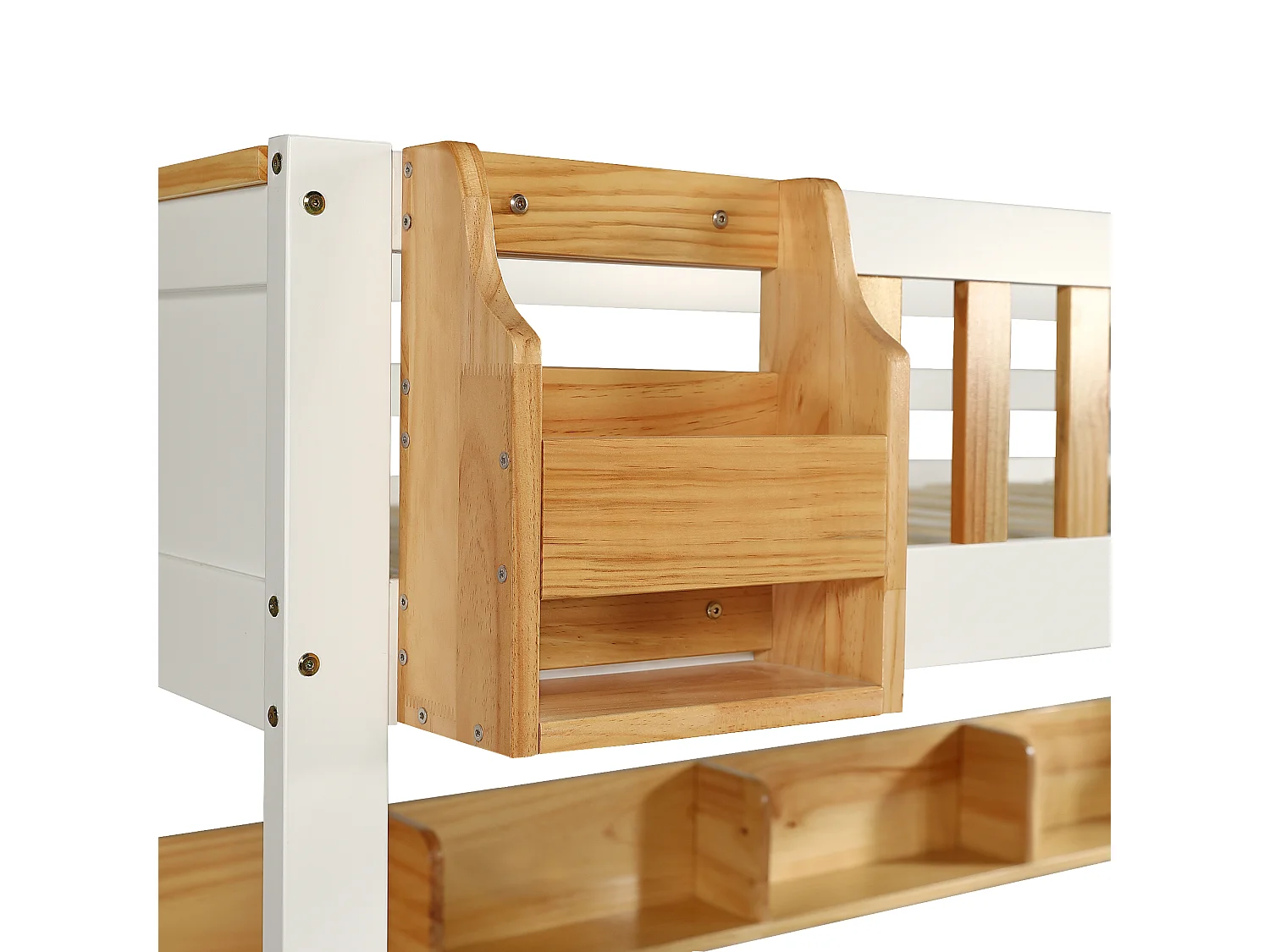 Lit superposé blanc et naturel, escalier avec rangement, 2 tiroirs, étagères, barrières, 90x200