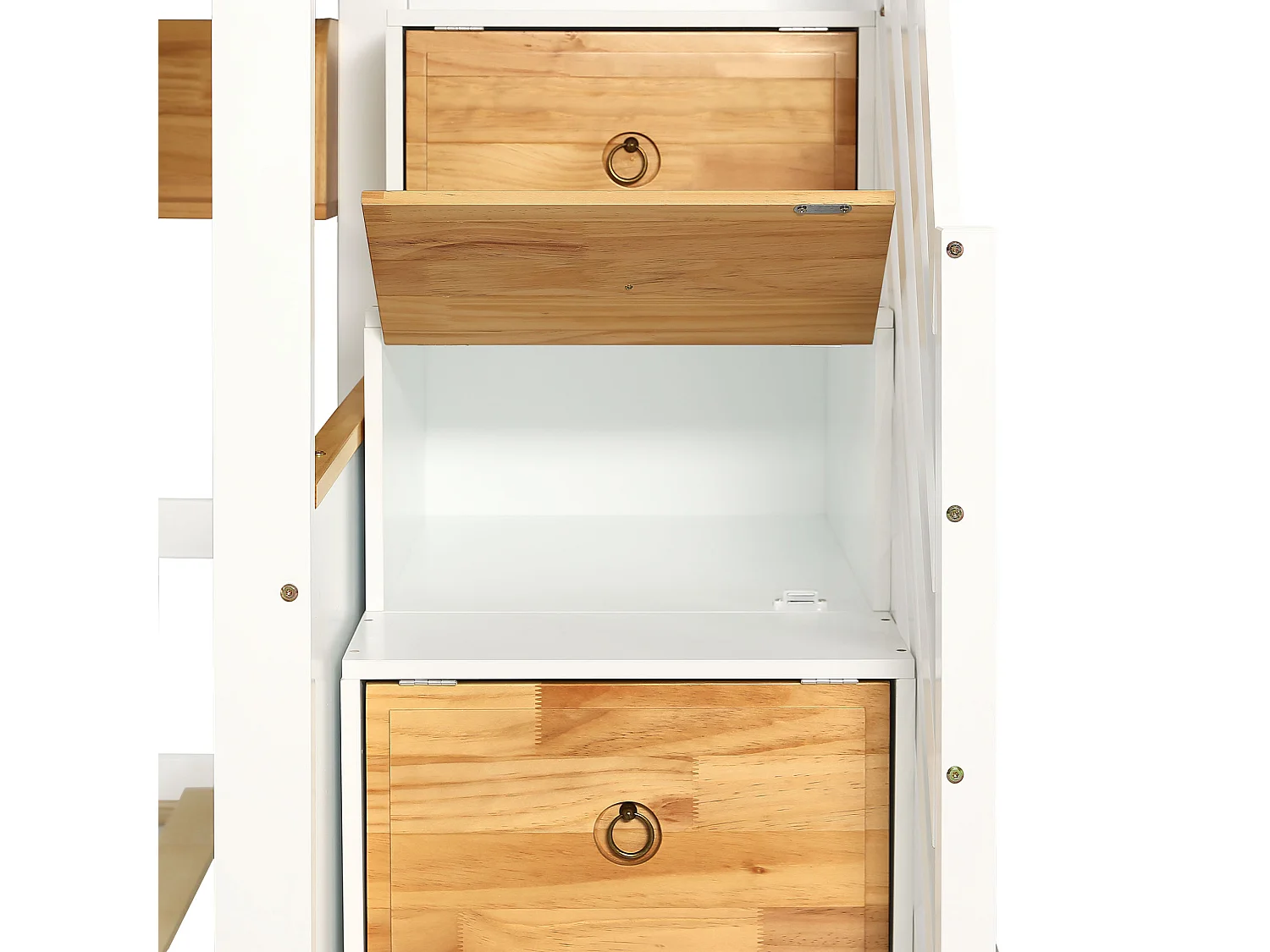 Lit superposé blanc et naturel, escalier avec rangement, 2 tiroirs, étagères, barrières, 90x200