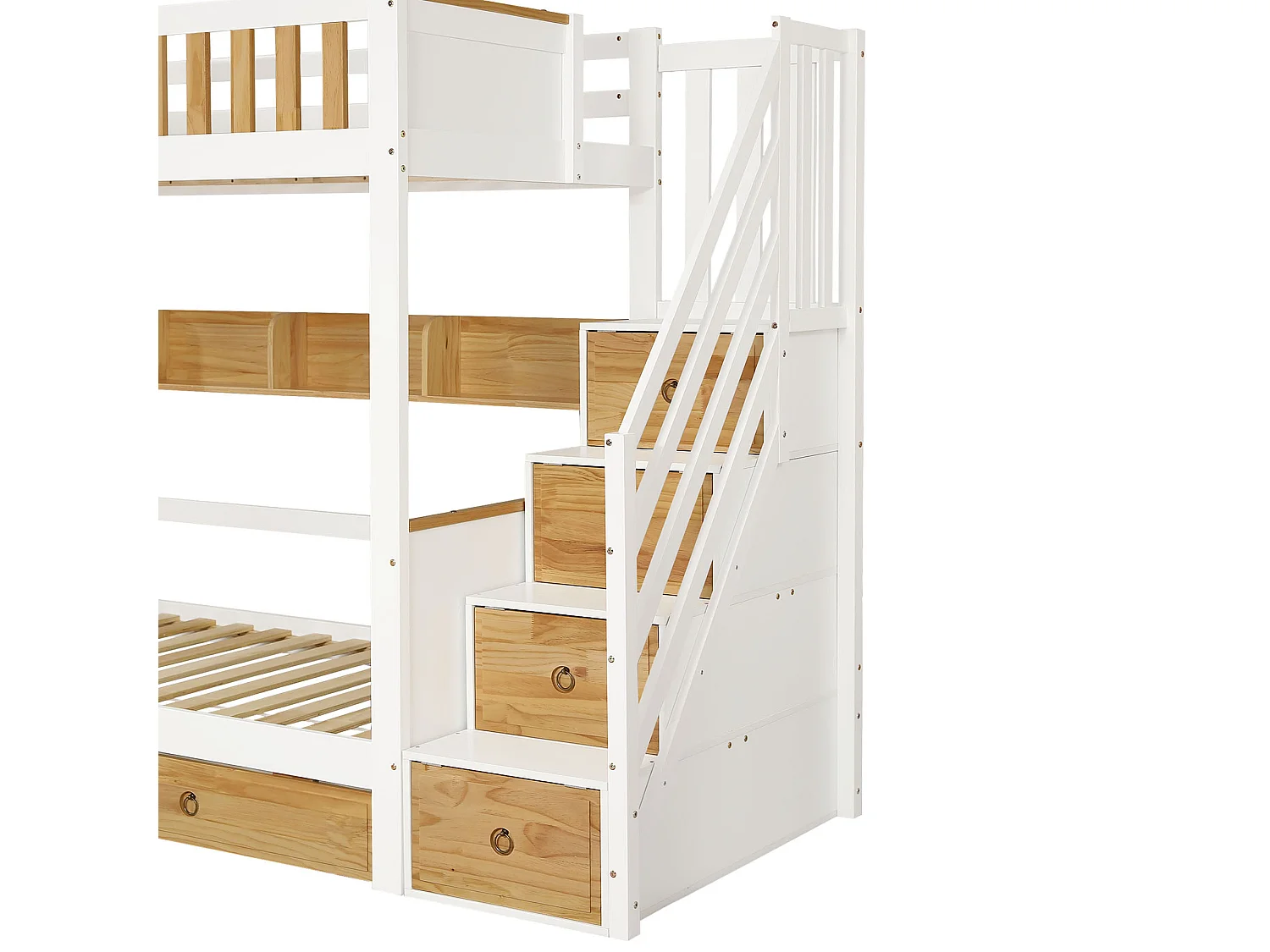 Lit superposé blanc et naturel, escalier avec rangement, 2 tiroirs, étagères, barrières, 90x200
