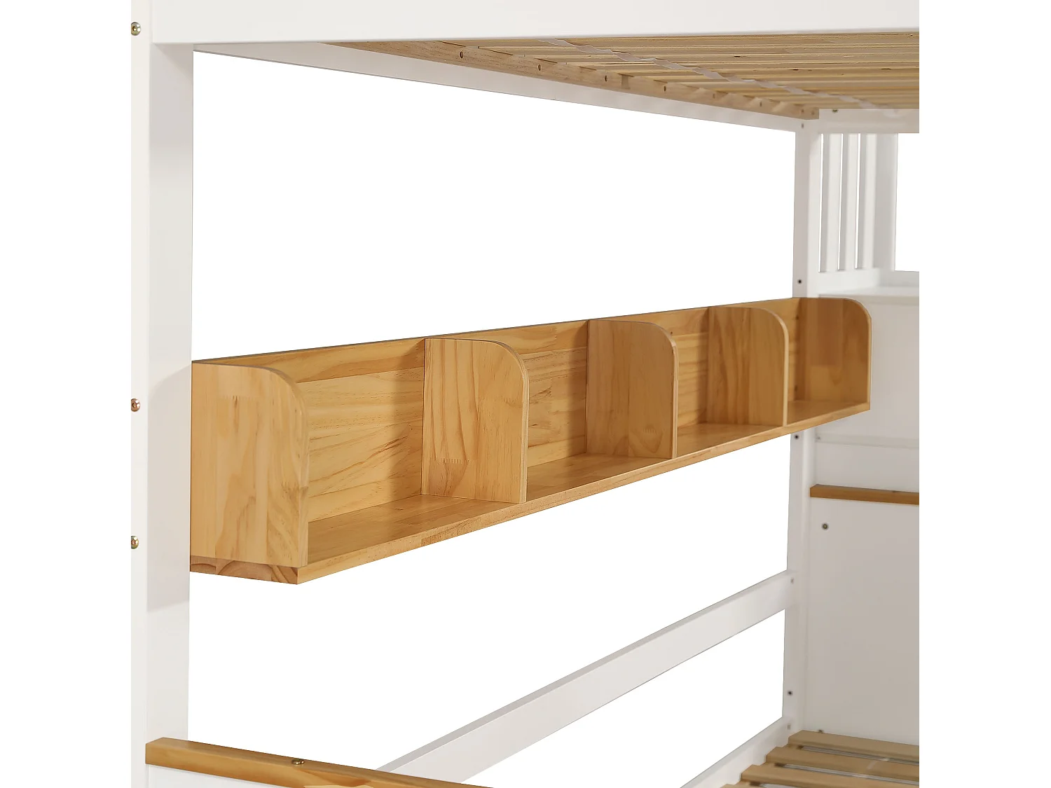 Lit superposé blanc et naturel, escalier avec rangement, 2 tiroirs, étagères, barrières, 90x200
