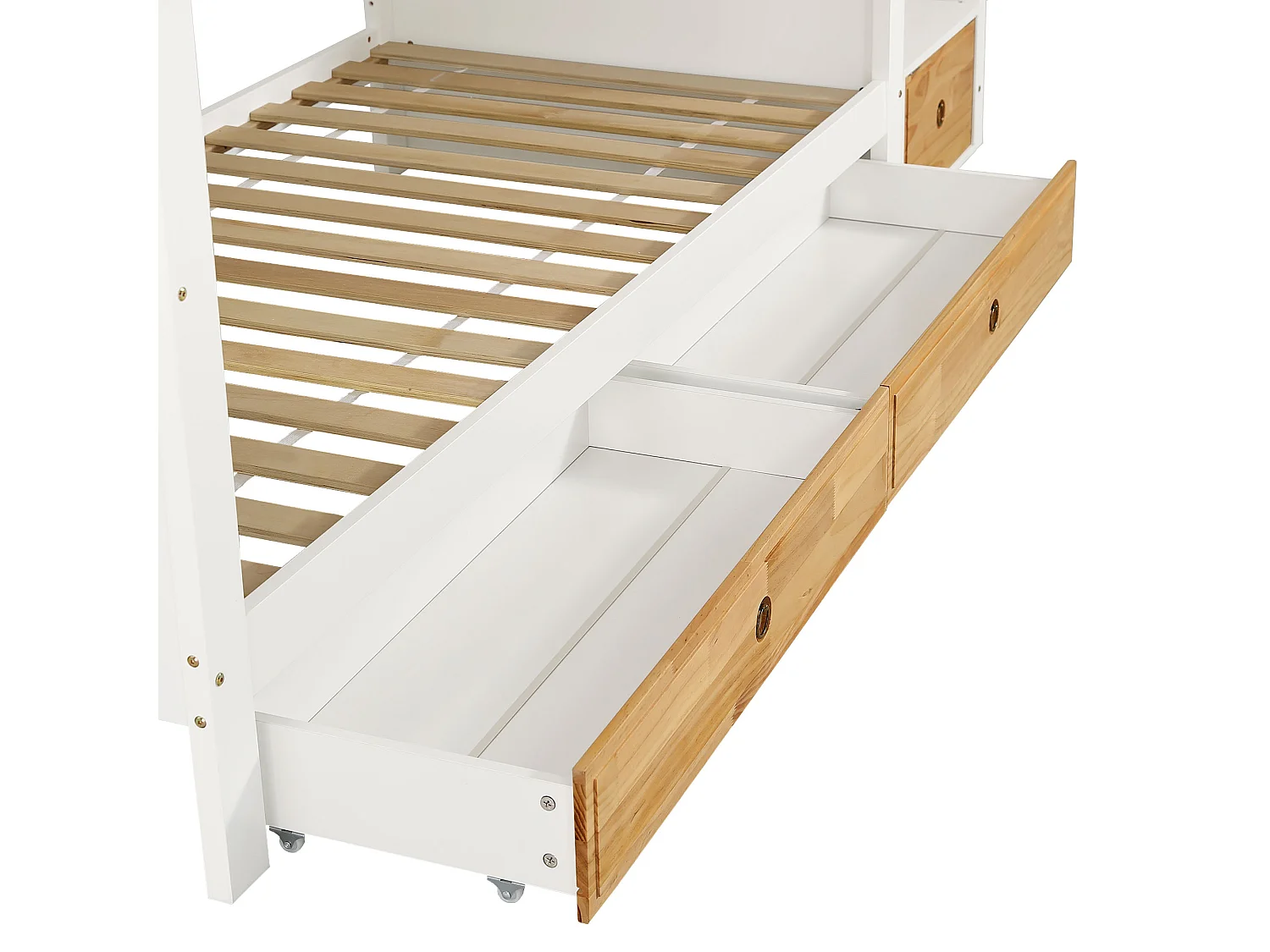 Lit superposé blanc et naturel, escalier avec rangement, 2 tiroirs, étagères, barrières, 90x200