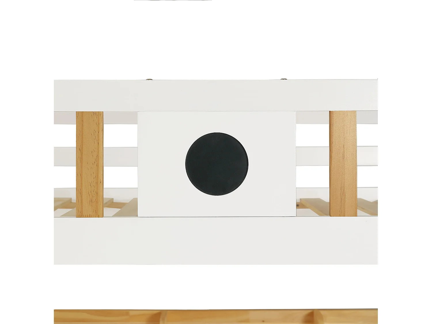 Lit superposé blanc et naturel, escalier avec rangement, 2 tiroirs, étagères, barrières, 90x200