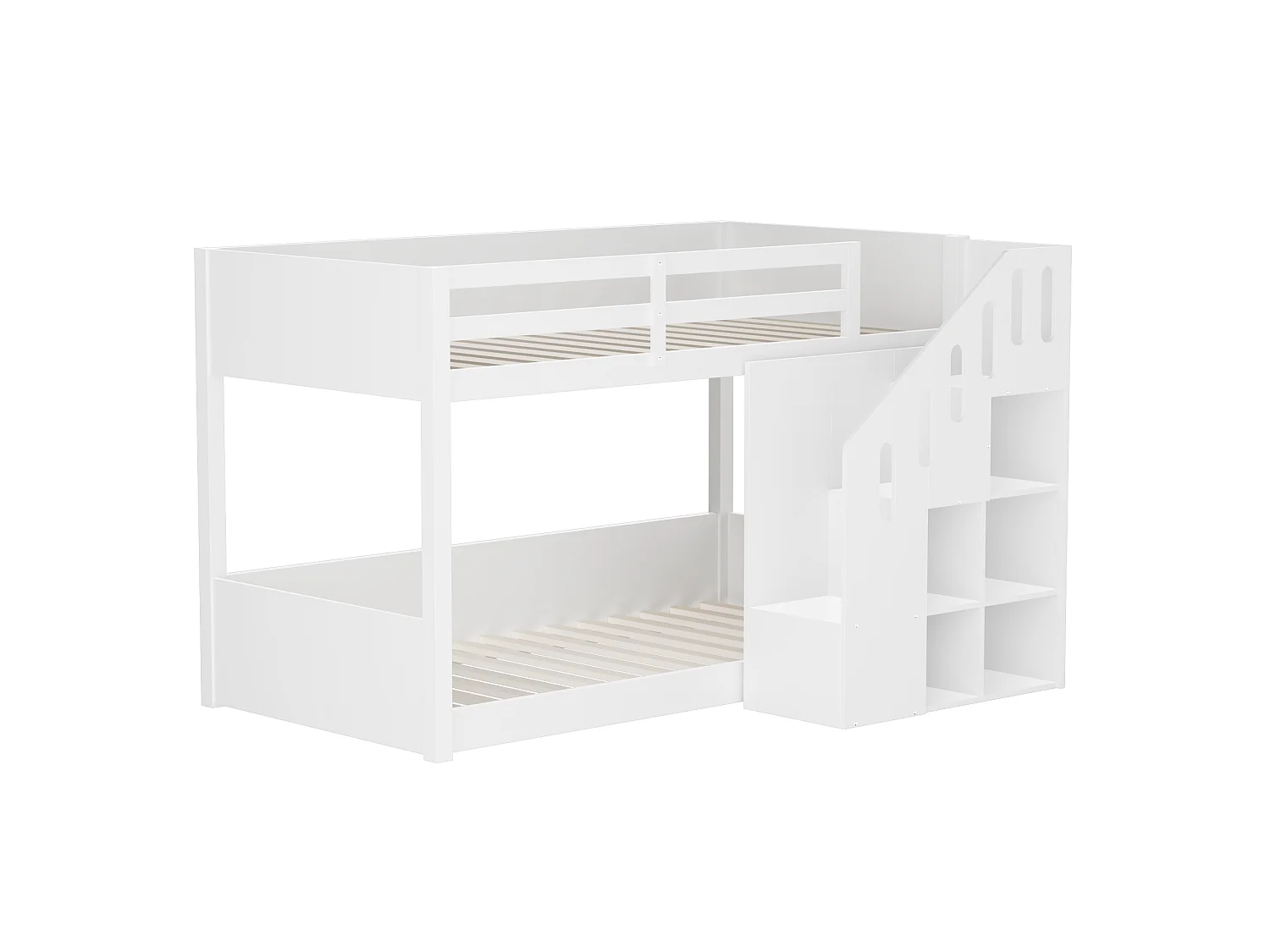 Lit superposé enfant blanc 90x200, escalier avec rangement, barrières sécurité, sans matelas
