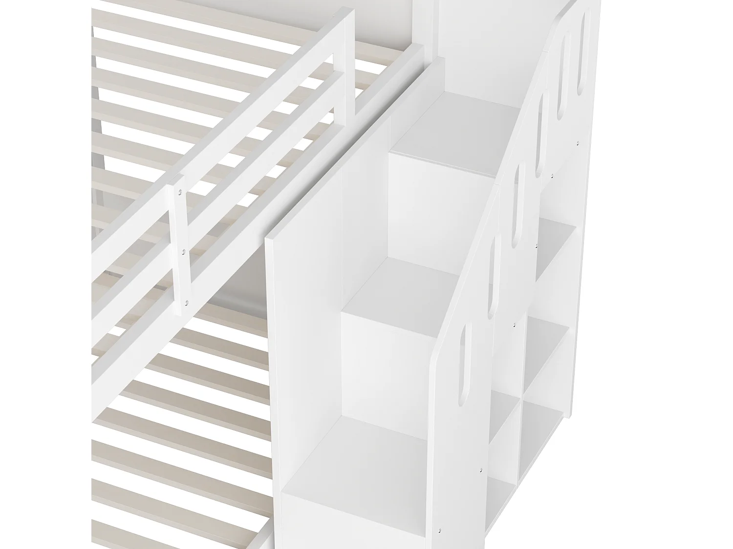 Lit superposé enfant blanc 90x200, escalier avec rangement, barrières sécurité, sans matelas