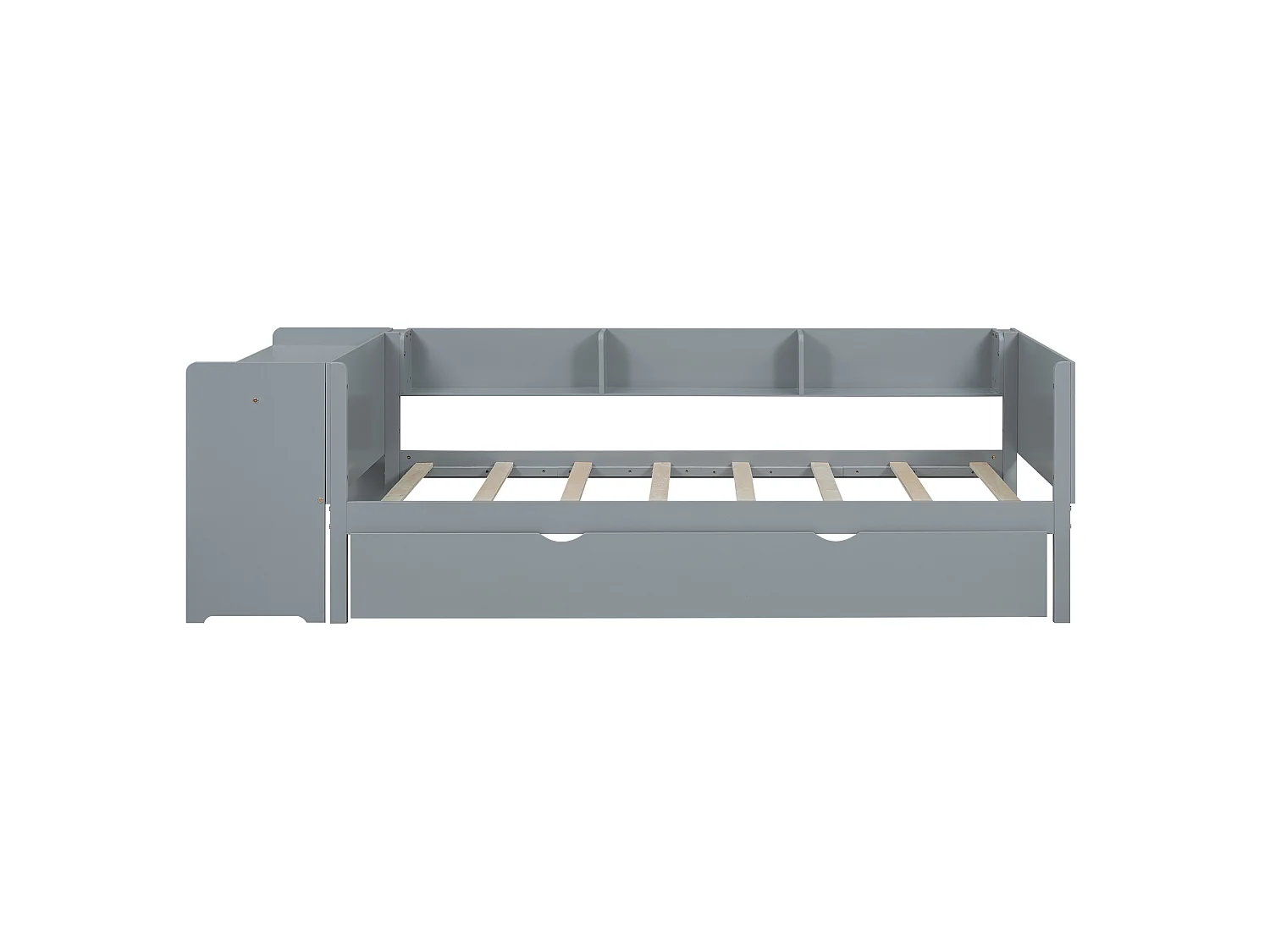 Lit plat 90 x 200 cm avec lit gigogne, bureau intégré et trois étagères latérales, gris.