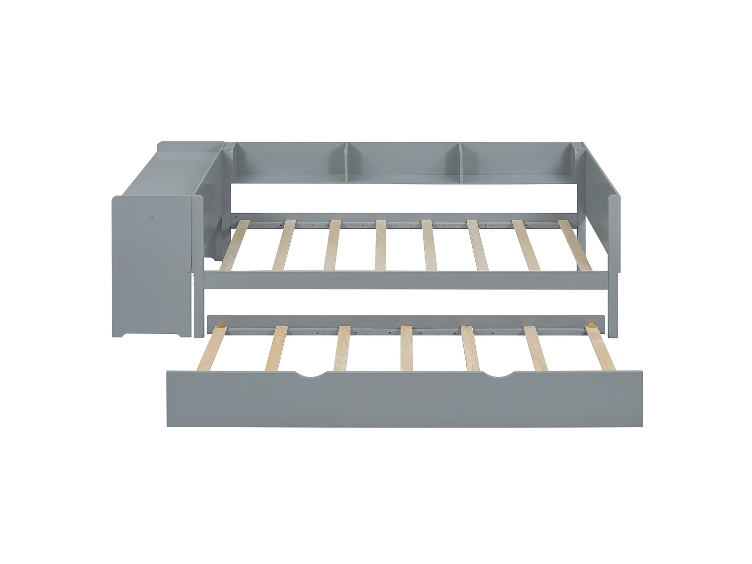 Lit plat 90 x 200 cm avec lit gigogne, bureau intégré et trois étagères latérales, gris.
