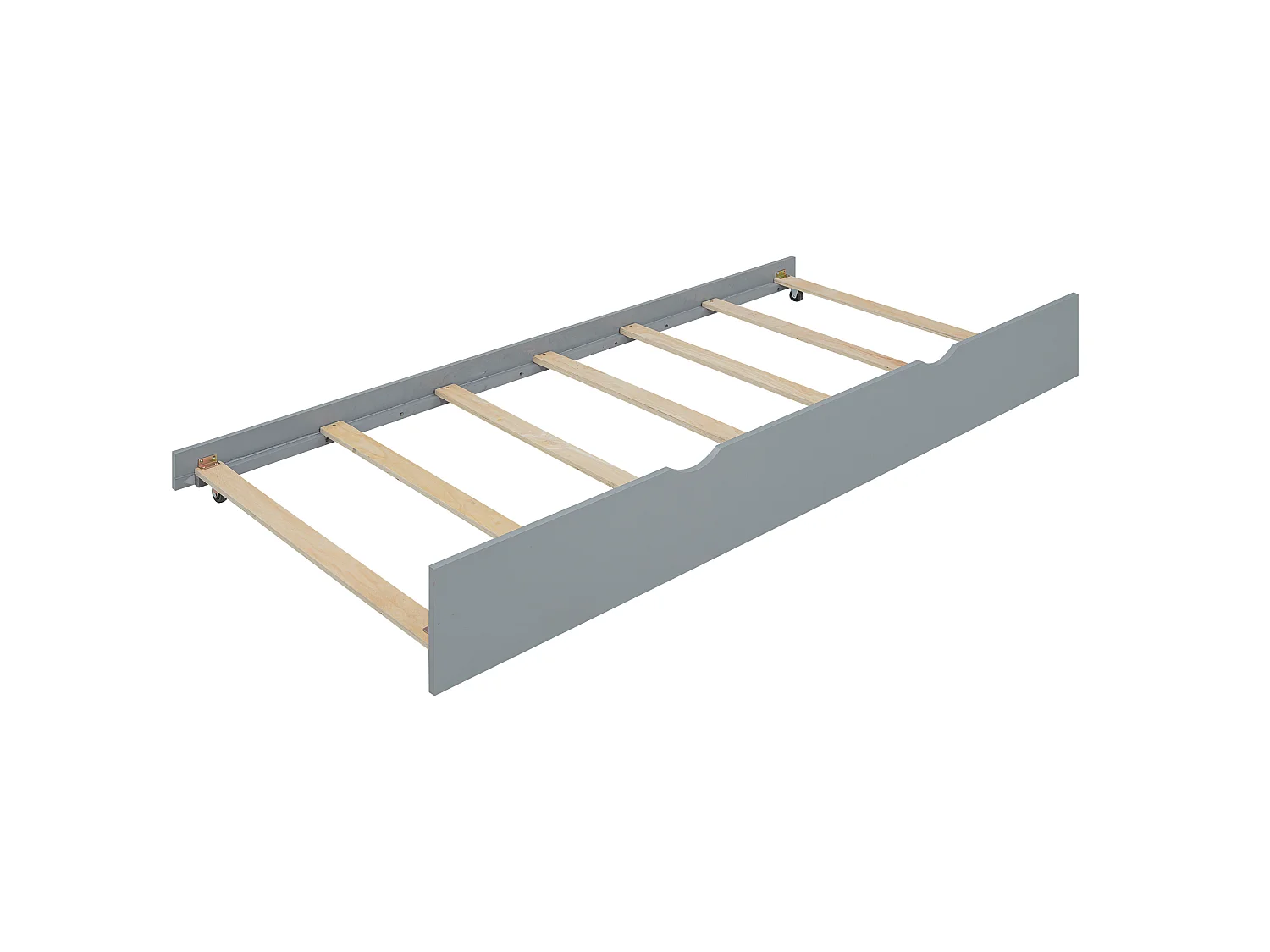 Lit plat 90 x 200 cm avec lit gigogne, bureau intégré et trois étagères latérales, gris.