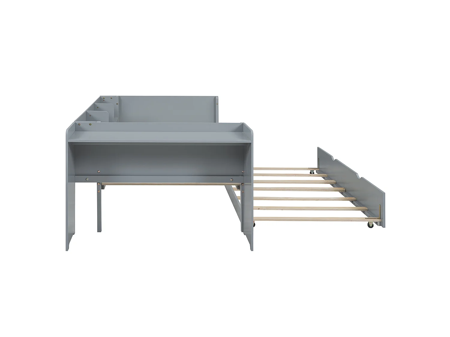 Lit plat 90 x 200 cm avec lit gigogne, bureau intégré et trois étagères latérales, gris.