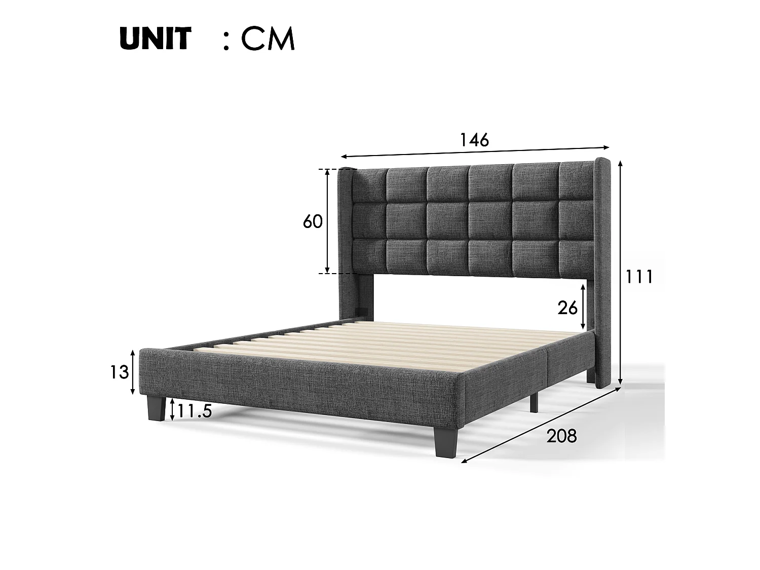Lit complet 140x200 lin gris, capitonné, sommier lattes, matelas ressorts inclus, 2 places