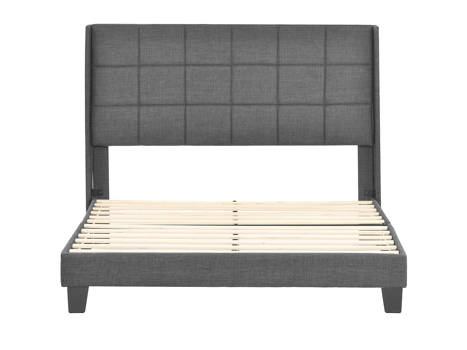 Lit complet 140x200 lin gris, capitonné, sommier lattes, matelas ressorts inclus, 2 places