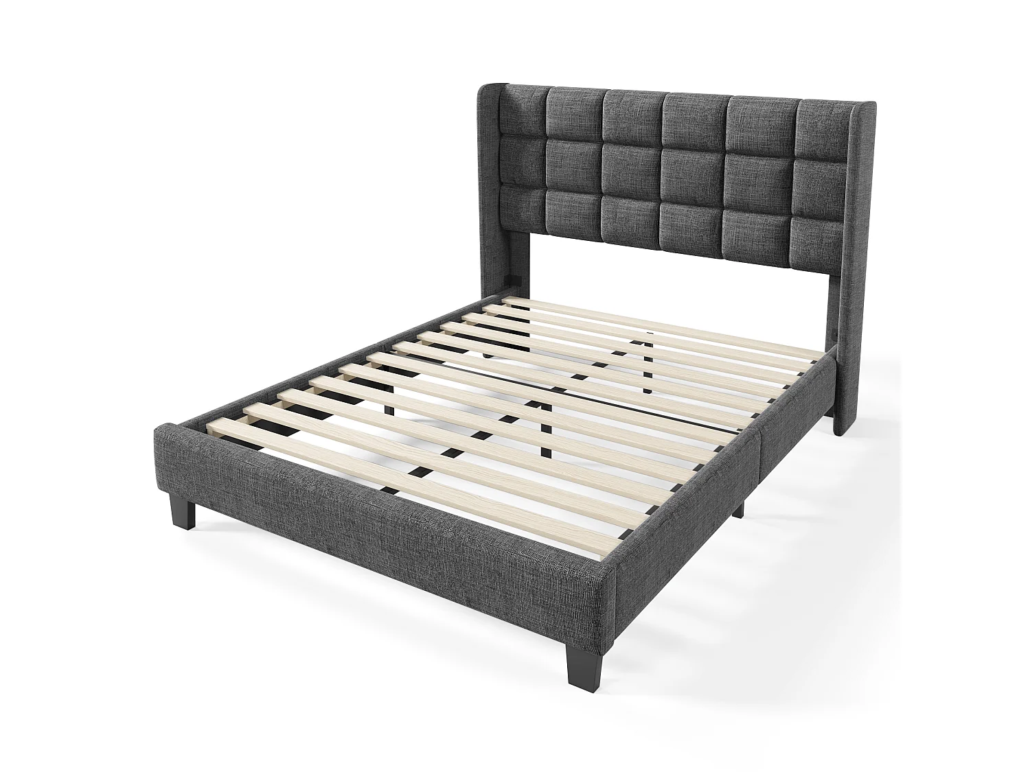 Lit double 140x200 lin gris, tête capitonnée, sommier lattes, lit adulte