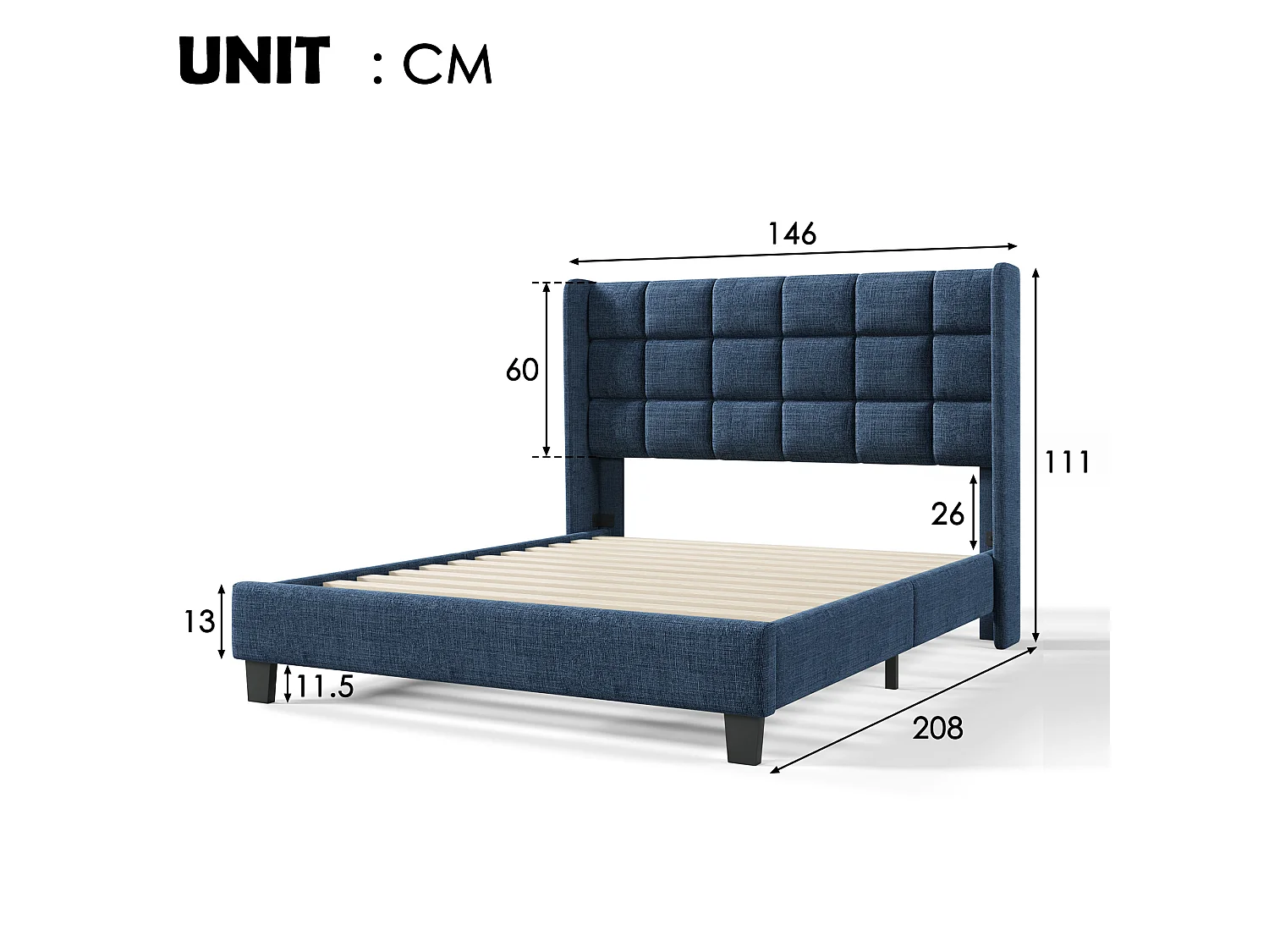 Lit complet 140x200 lin bleu, capitonné, sommier lattes, matelas ressorts inclus, 2 places