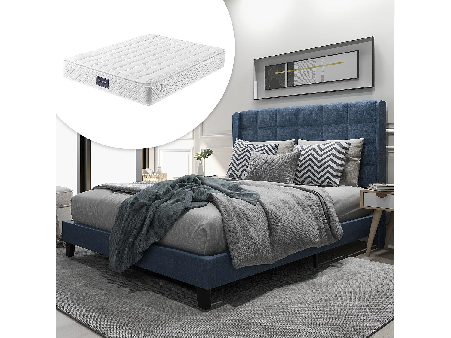 Lit complet 140x200 lin bleu, capitonné, sommier lattes, matelas ressorts inclus, 2 places