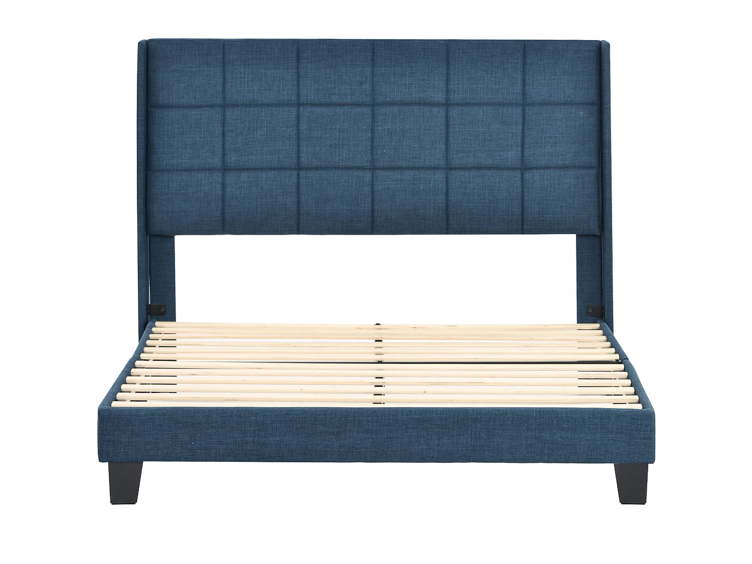 Lit complet 140x200 lin bleu, capitonné, sommier lattes, matelas ressorts inclus, 2 places