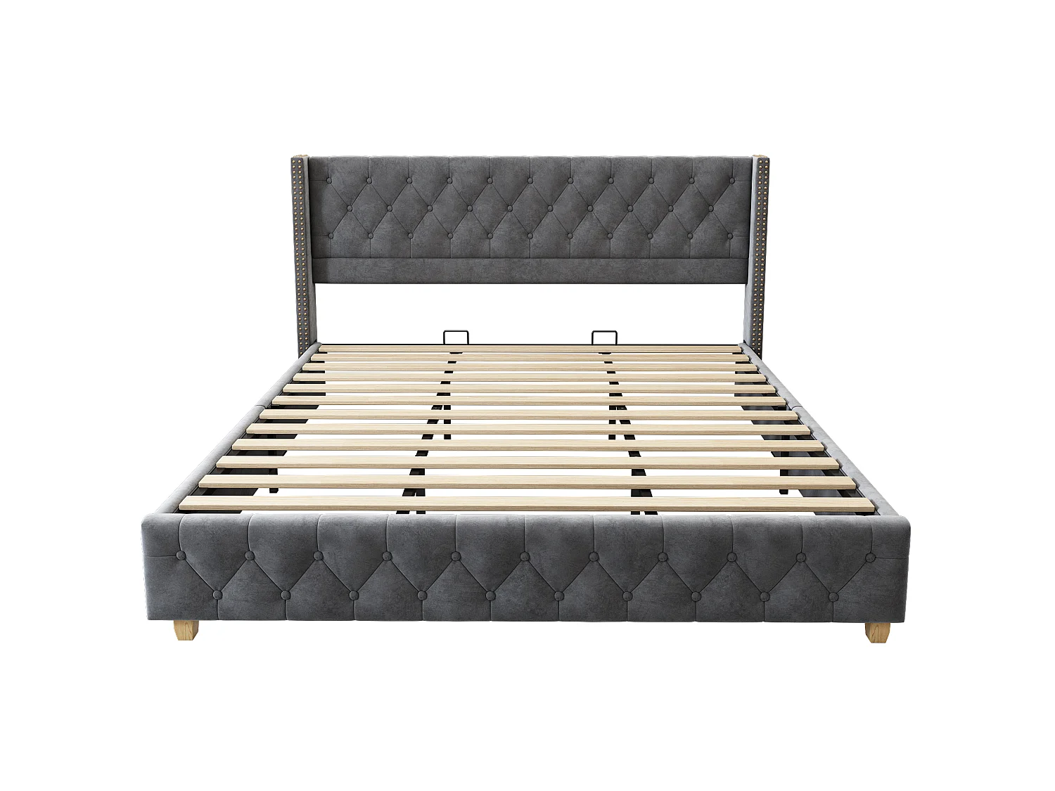 Lit 180x200 velours gris, tête capitonnée et cloutée, sommier lattes, pieds bois