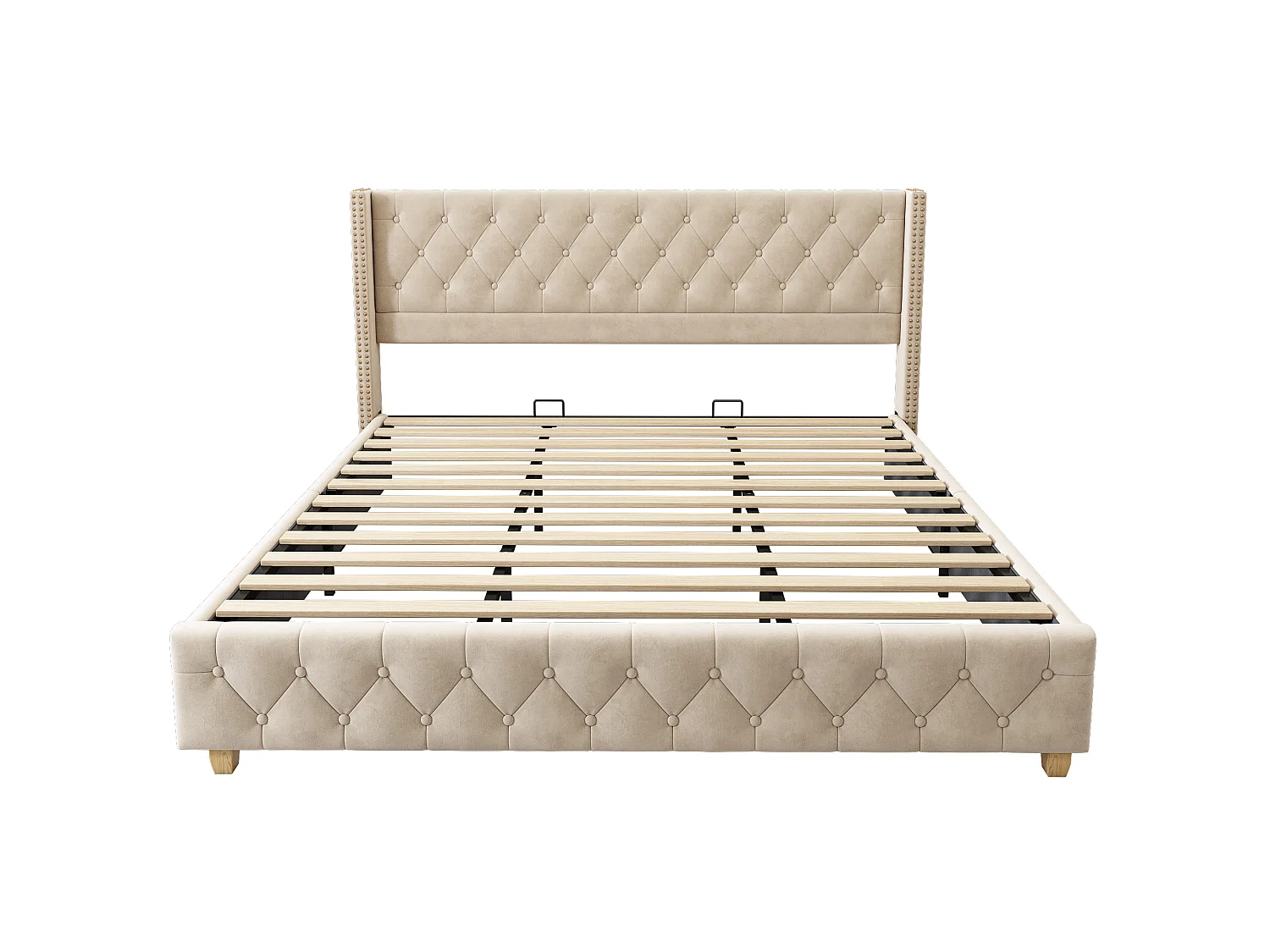 Lit 180x200 velours beige clair, tête capitonnée et cloutée, sommier lattes, pieds bois