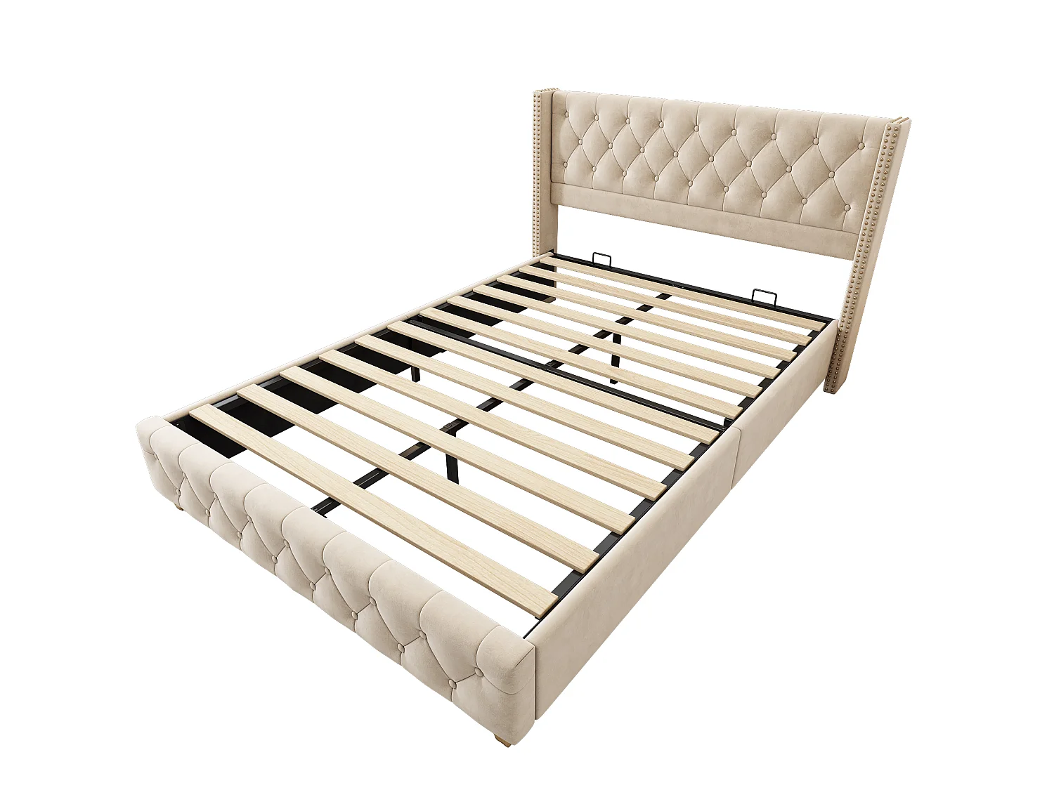 Lit 180x200 velours beige clair, tête capitonnée et cloutée, sommier lattes, pieds bois