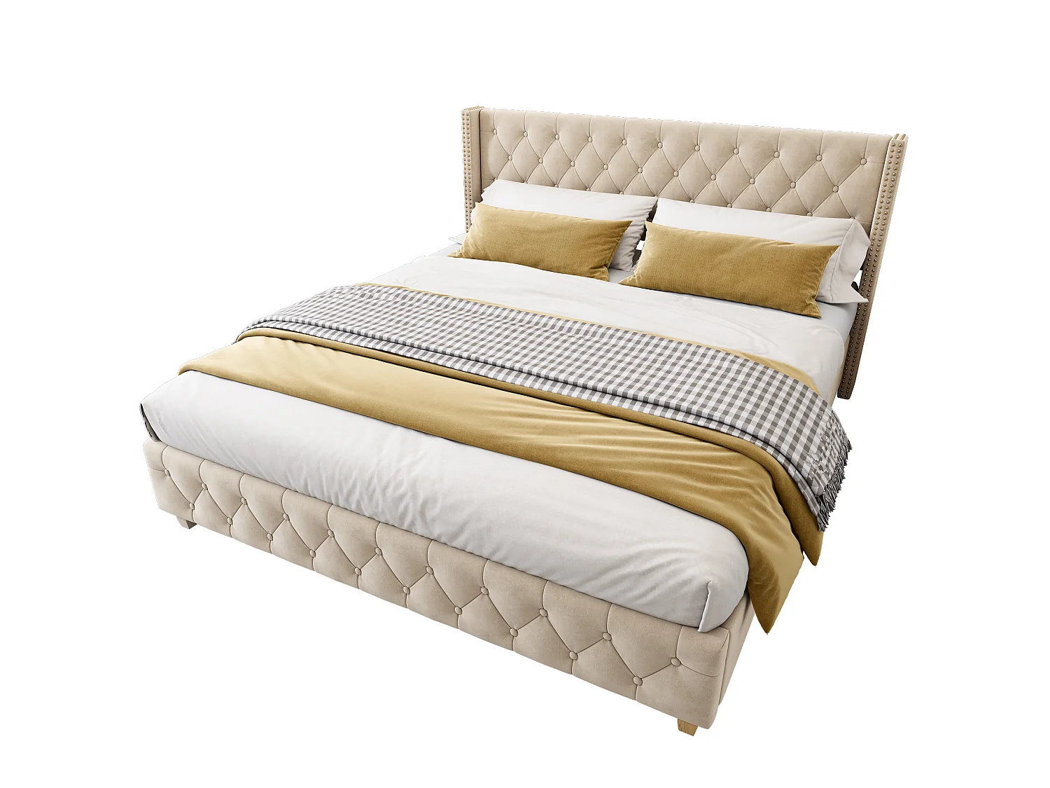 Lit 180x200 velours beige clair, tête capitonnée et cloutée, sommier lattes, pieds bois