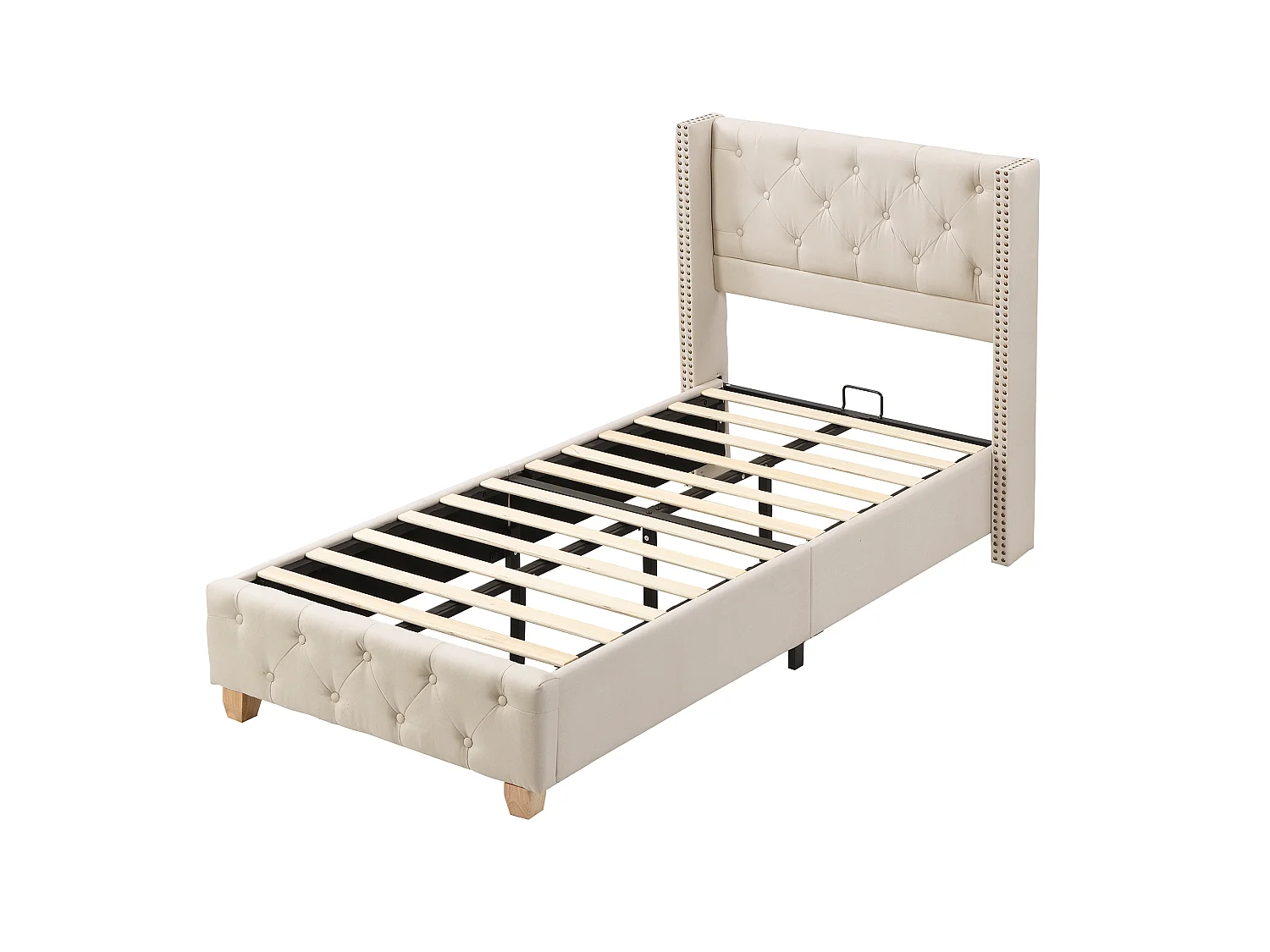 Lit une place 90x200 beige, tête capitonnée cloutée, sommier lattes, pieds en bois