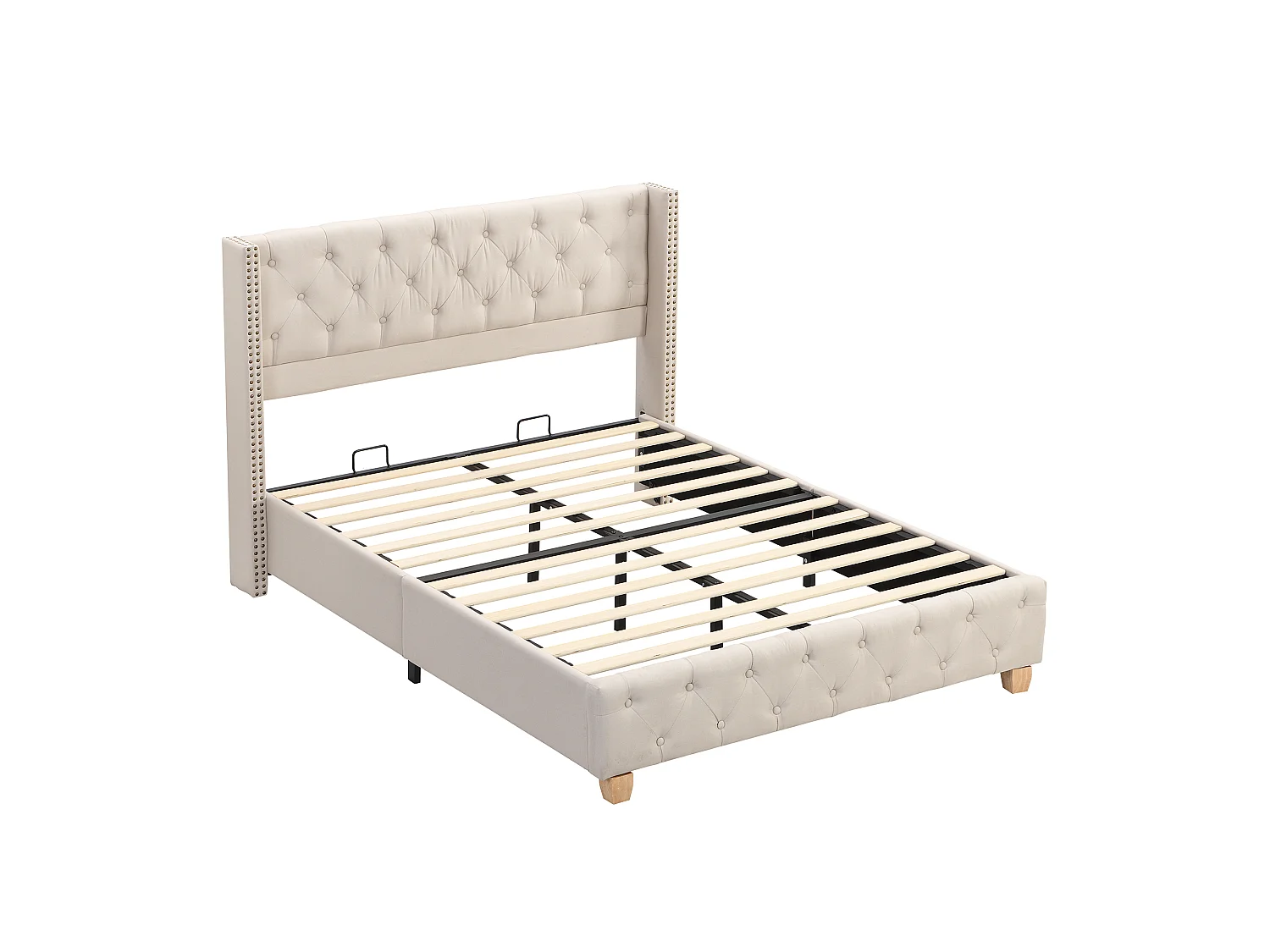 Lit une place 90x200 beige, tête capitonnée cloutée, sommier lattes, pieds en bois