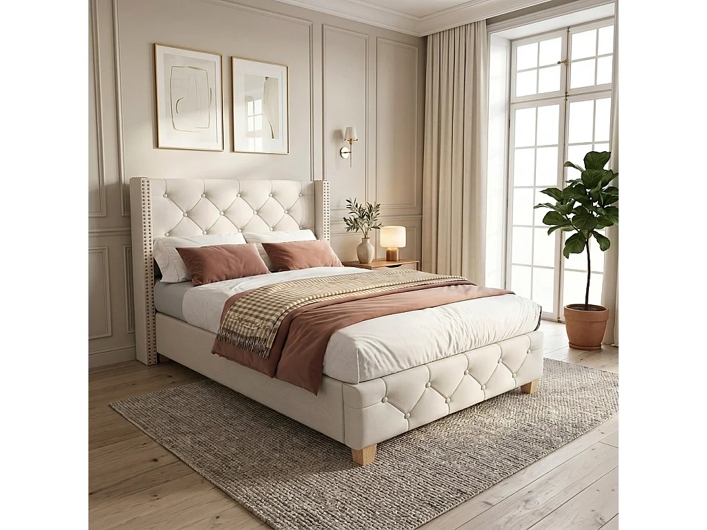 Lit une place 90x200 beige, tête capitonnée cloutée, sommier lattes, pieds en bois
